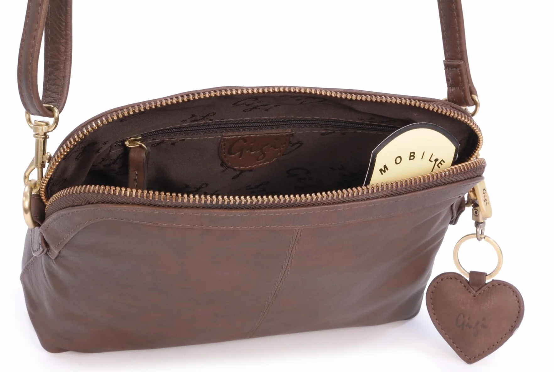 Gigi - Damska Mała Skórzana Torebka Crossbody - Torba na Ramię z Długim Regulowanym Paskiem - Brelok w Kształcie Serca - Othello 10190