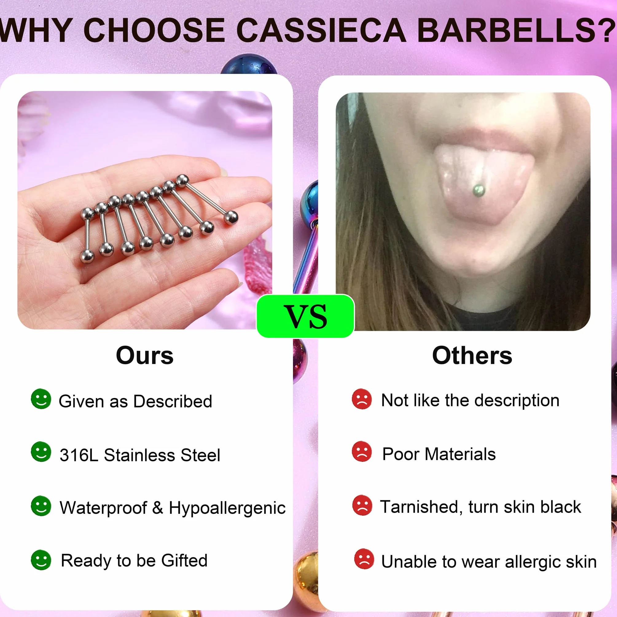 CASSIECA 12 szt., 14 g, piercing, do języka, dla kobiet, sutki, stal nierdzewna, srebro, język, sztanga, biżuteria