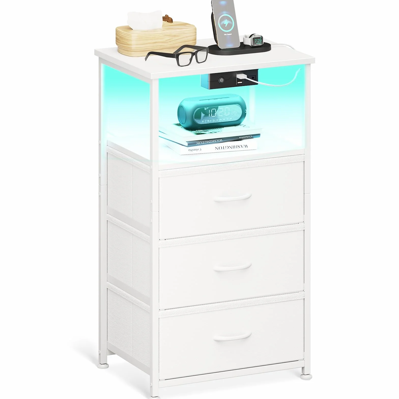 Coleshome Stolik nocny biały z gniazdkiem, USB i LED, 3 szuflady, 40x30x70 cm