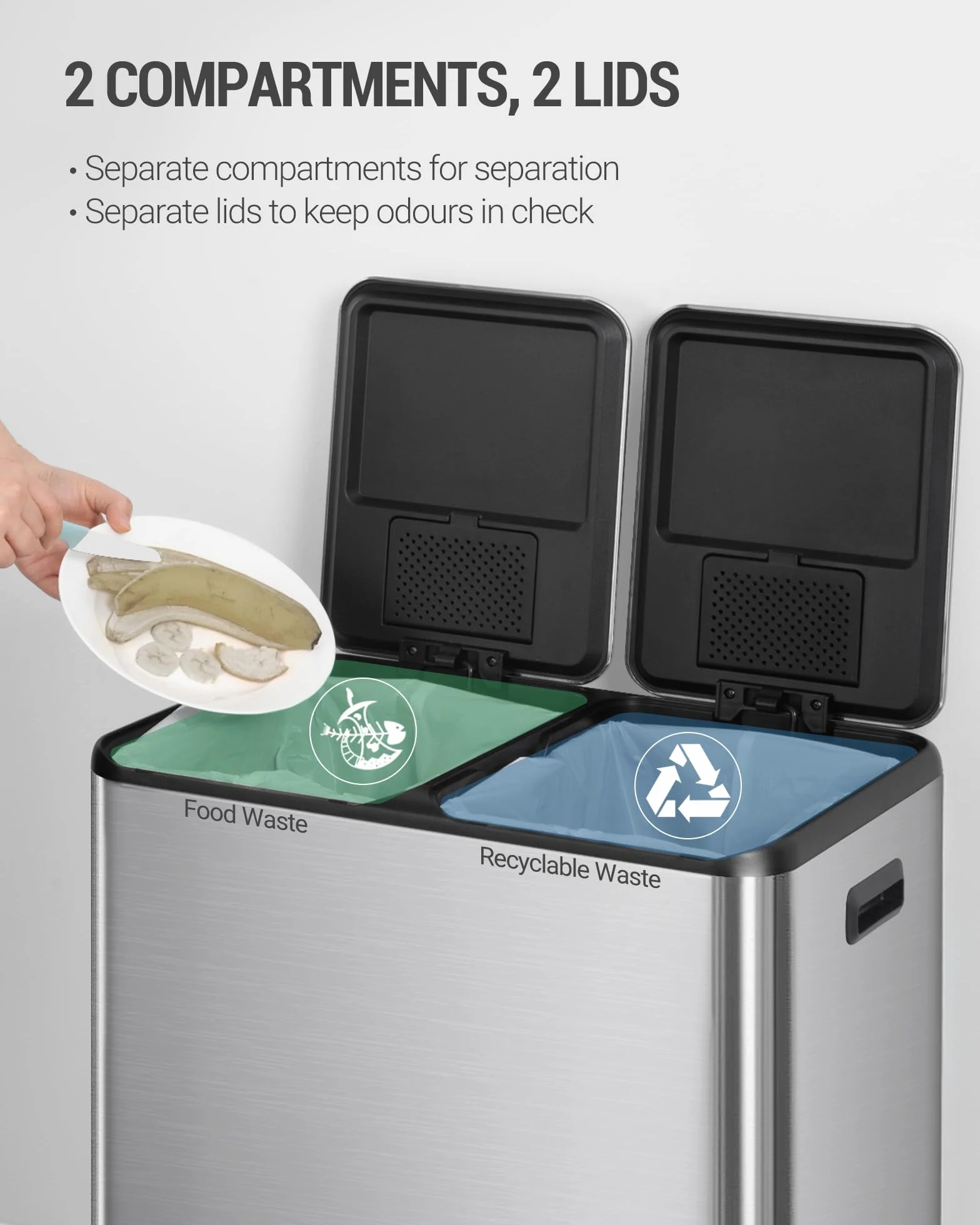 Hzuaneri Kosz na śmieci, system segregacji odpadów, 2 komory, 60 l (2 x 30 l), stal nierdzewna, kosz na śmieci z pedałem, cichy i wolno opadający, z 15 ekskluzywnymi workami na śmieci, srebrny