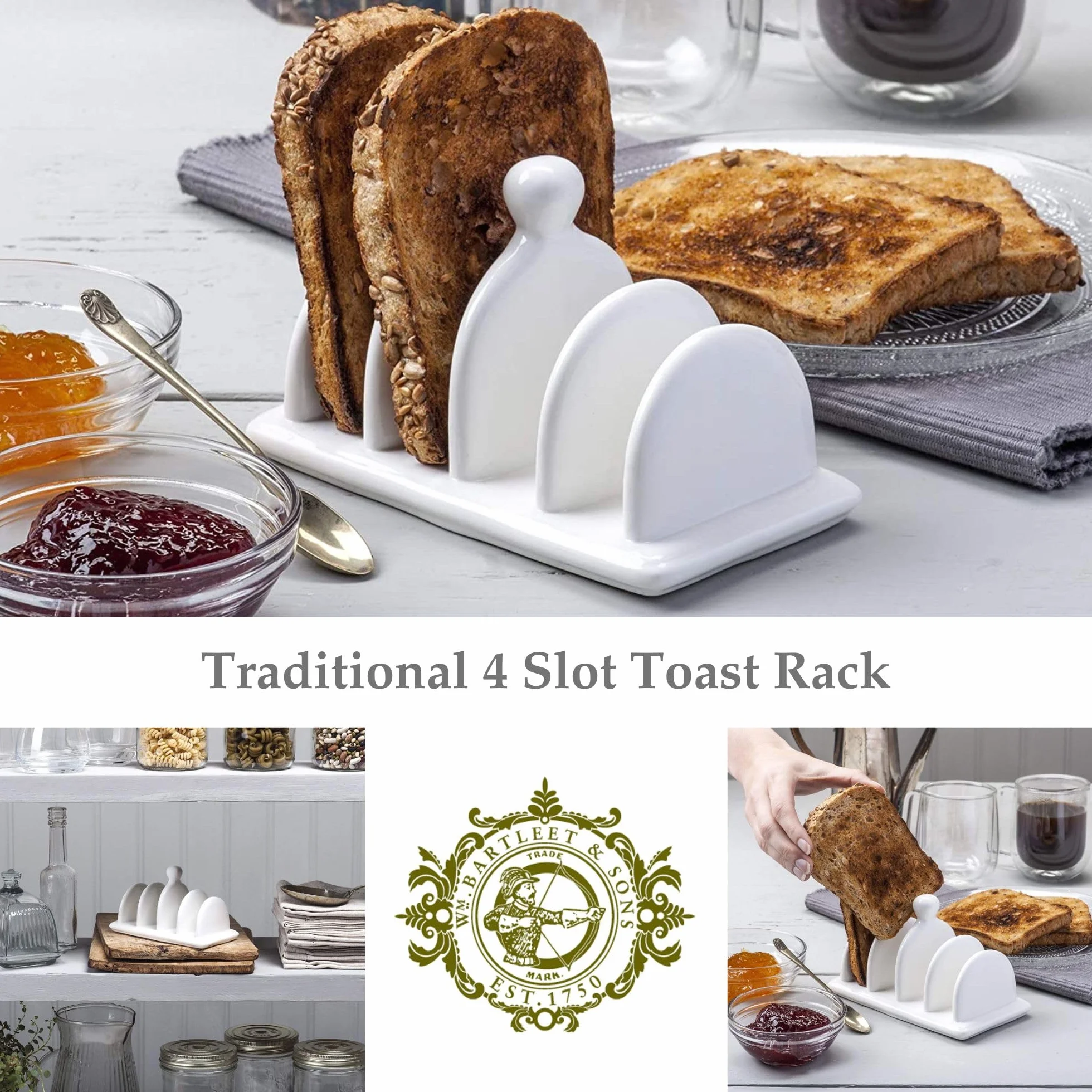 WM Bartleet & Sons 1750 T304 tradycyjny stojak na tosty z porcelany 4 otwory biały