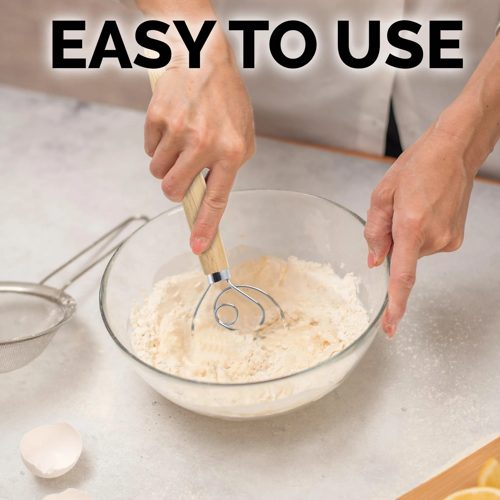 Zulay - Batidor danés para masa, gran batidor danés de acero inoxidable de 33 cm, estilo holandés, mezclador artesanal para pan, masa, pasteles, pasteles y más