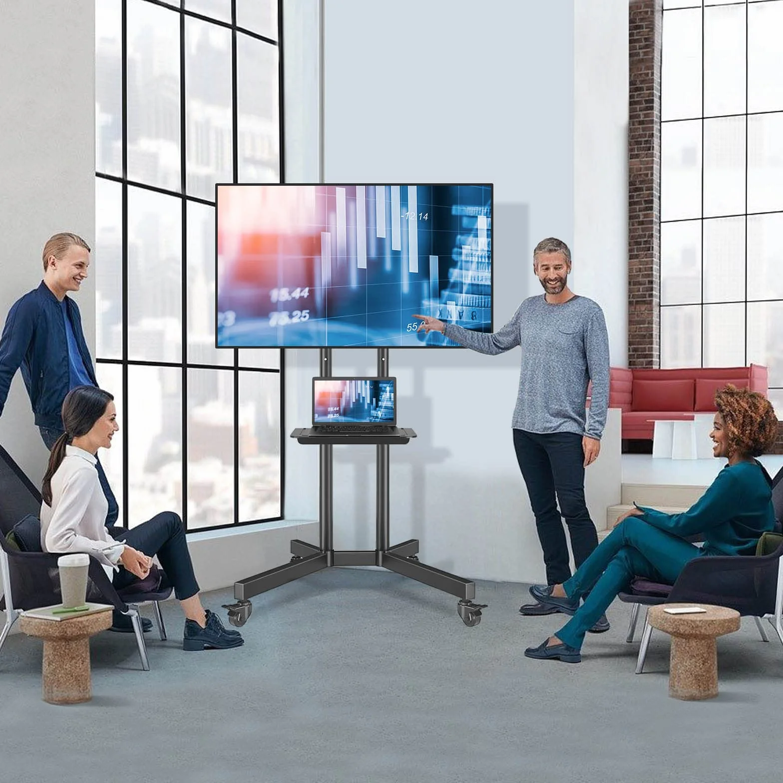 RFIVER Mobile TV Stand na kółkach do 32-75 cali, VESA 600x400mm, MAX 50kg, regulowana wysokość