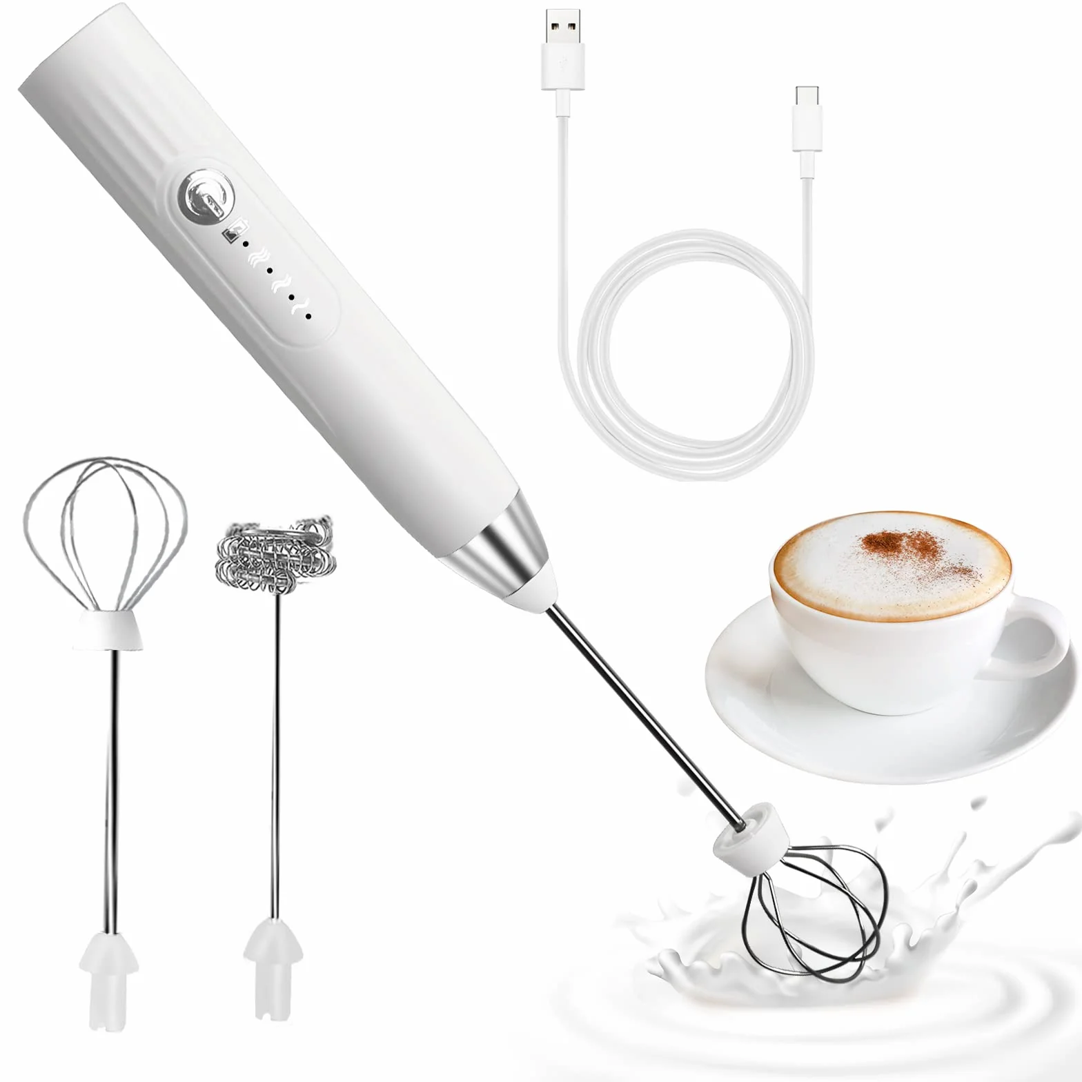 EBUYFIRE Akumulatorowy spieniacz do mleka cappuccino USB, ręczna trzepaczka do kawy (biały)