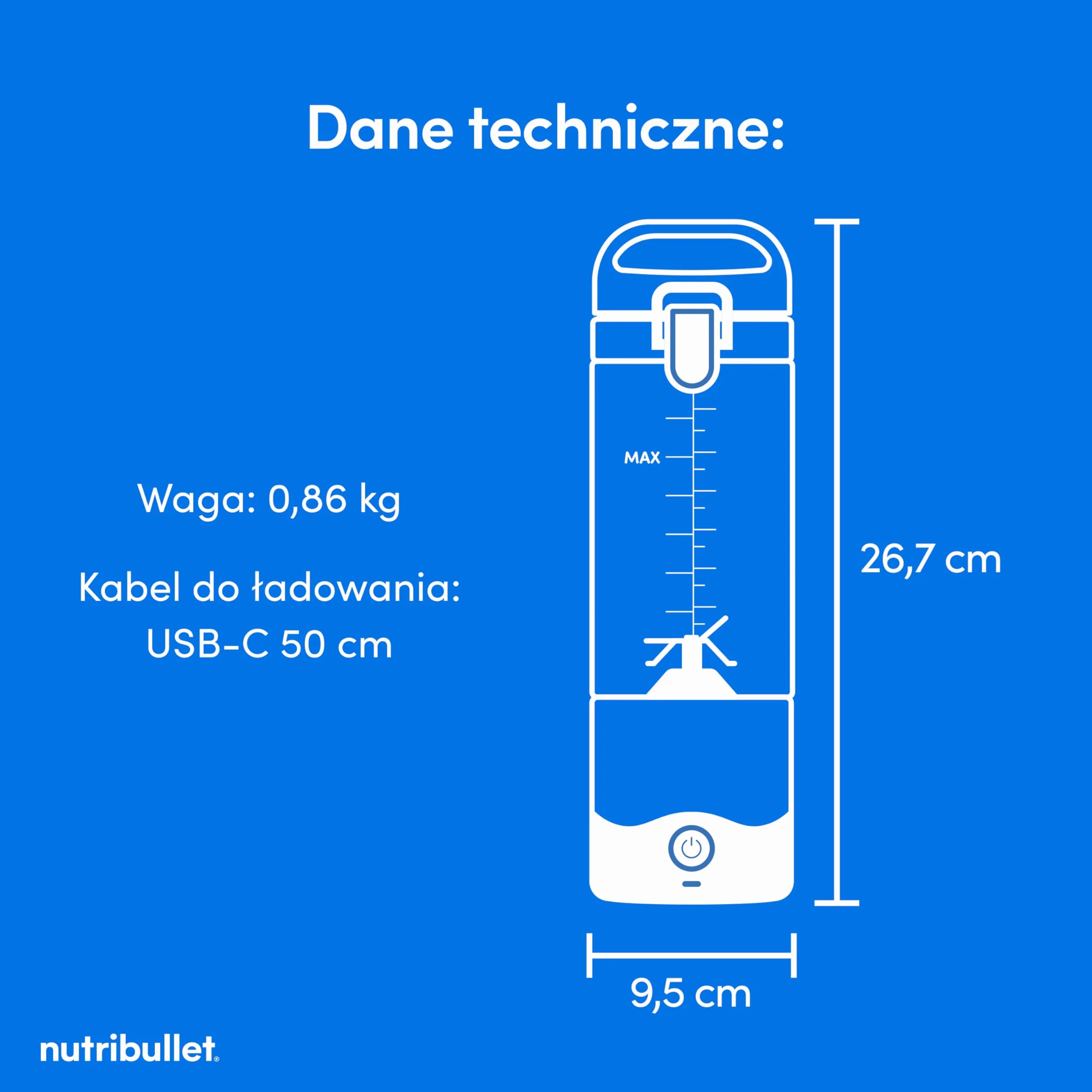 Nutribullet Mini Blender 475 ml Bez BPA Tritan 4-Stronne Ostrze Stal Nierdzewna USB-C Biały NBP003W