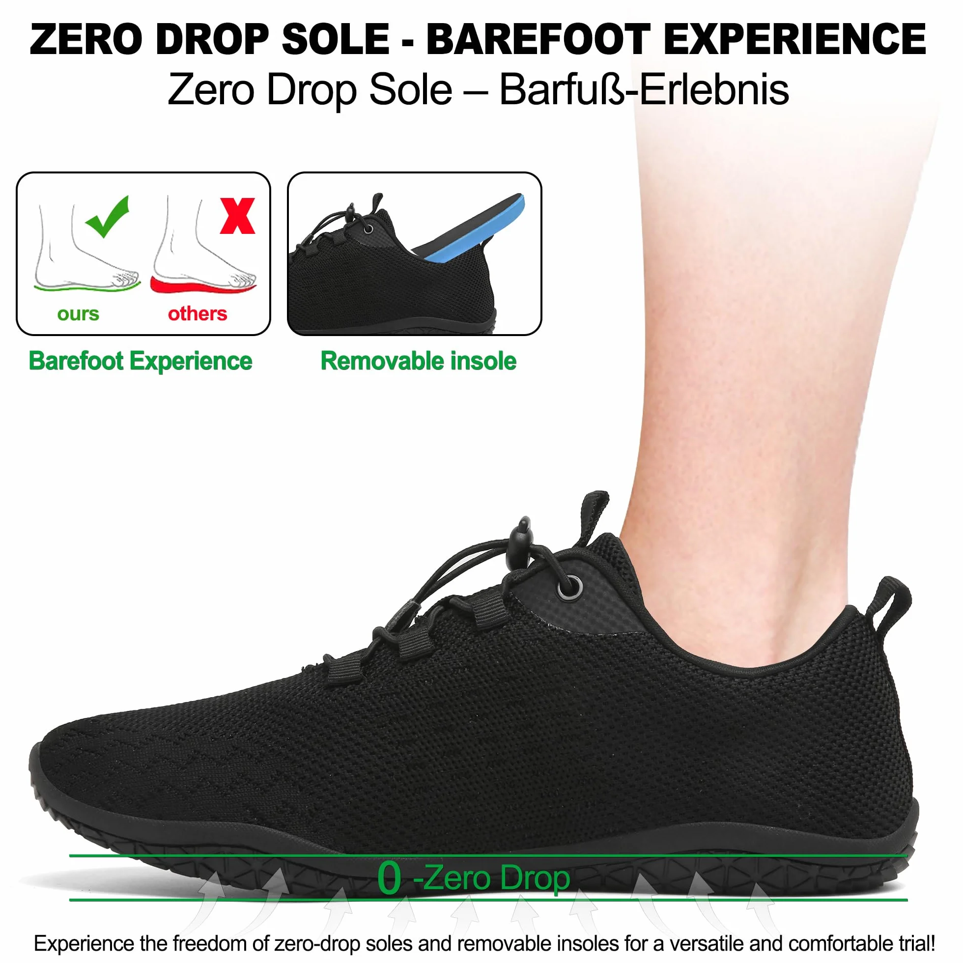 Geweo Buty Barefoot Mężczyźni Kobiety Lato Barefoot Shoes Szeroką Skrzynką na Palce Lato Oddychające Buty do Biegania Buty do Treningu Lekkie Wygodne Buty Fitness Sneaker Unisex Czarny 44EU