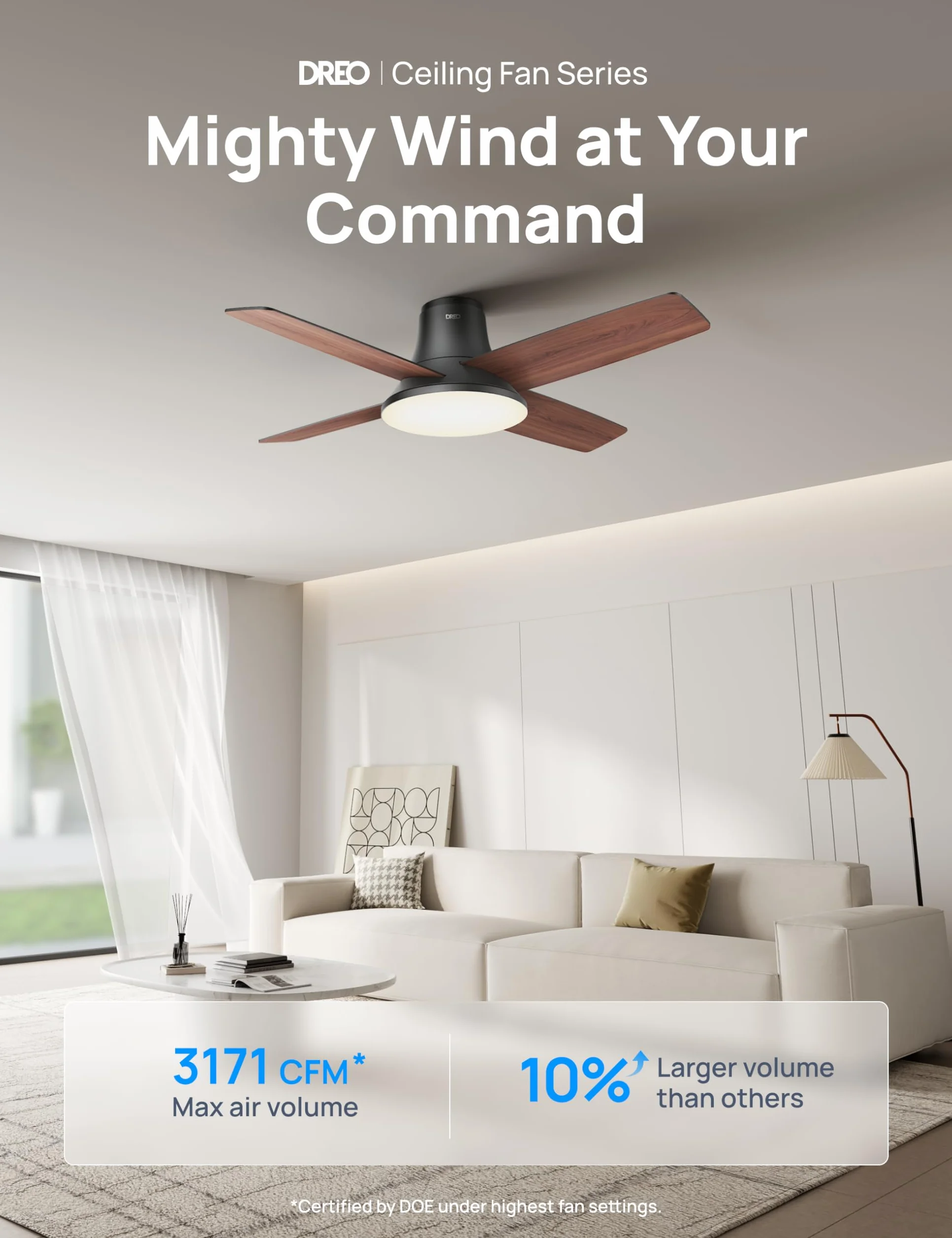 Dreo Cichy wentylator sufitowy z lampą LED 112 cm odwracalny 5CCT 6 prędkości pilot czarny