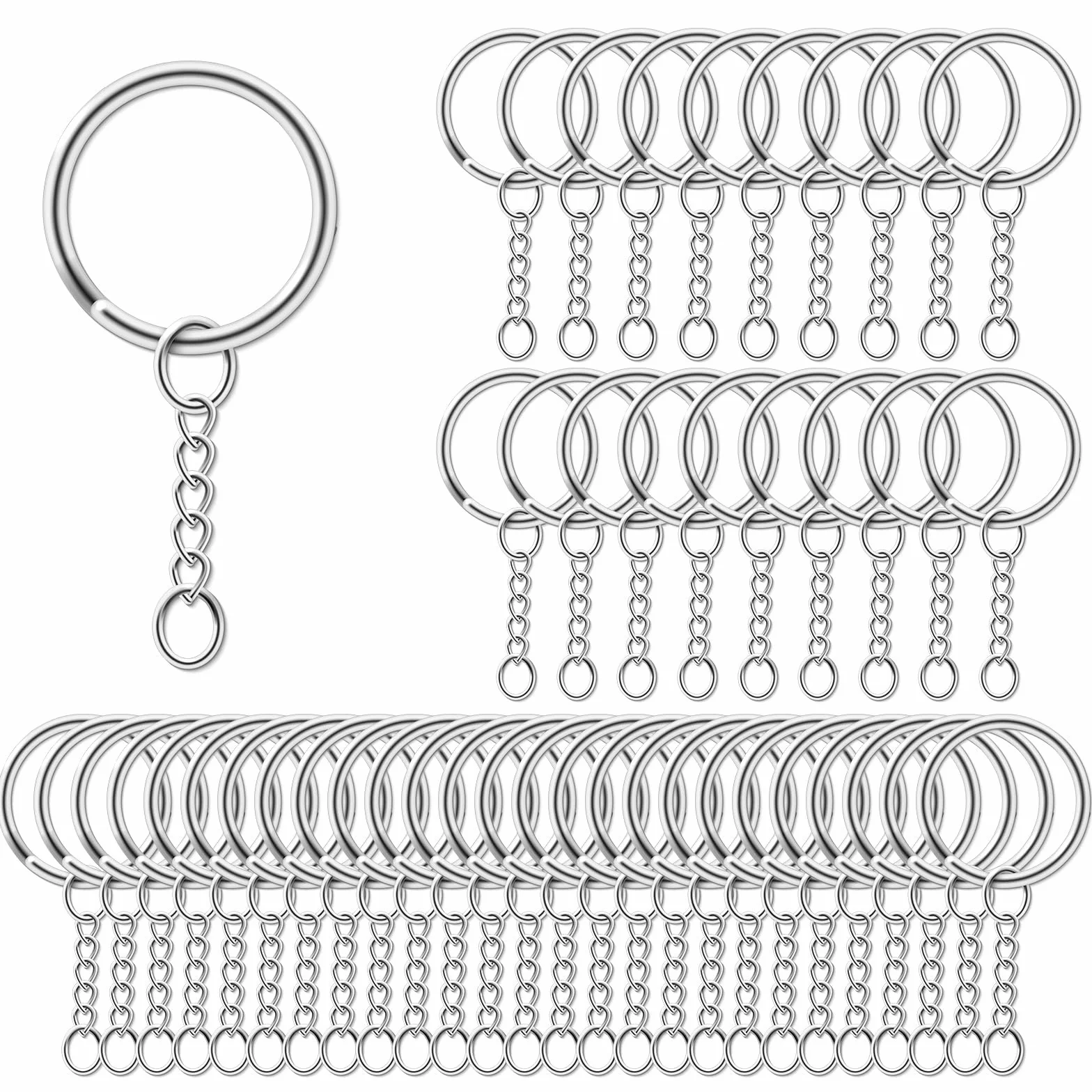 AiQInu 100 sztuk 25 mm kółka na klucze z łańcuchem, pierścienie do breloków z podziałem na łańcuszki, DIY brelok do kluczy do rzemiosła rzemieślniczego - srebrny