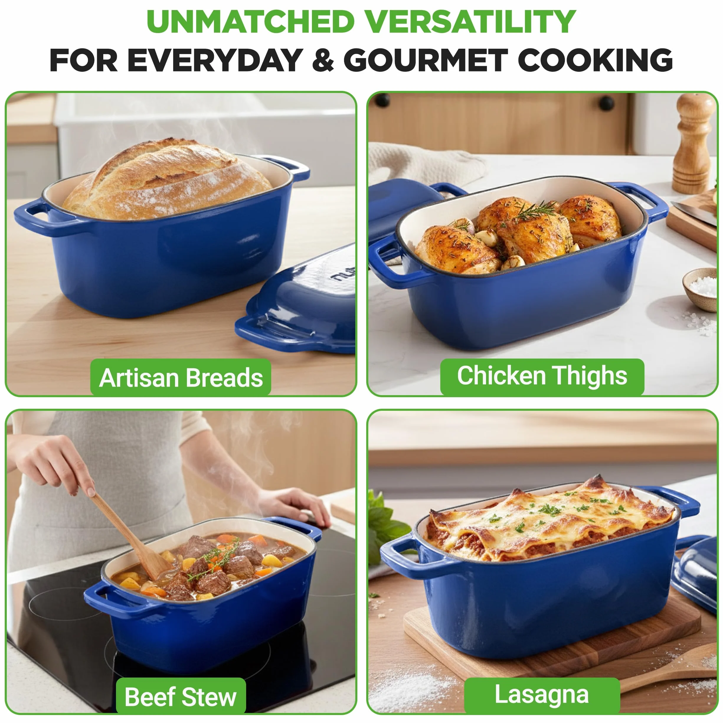 NutriChef 10" emaliowana żeliwna forma do chleba z pokrywką, owalna forma typu Dutch oven z silikonowymi rękawicami, odporna na temperaturę do 260°C, do pieczenia, pieczenia mięs, duszenia, niebieska