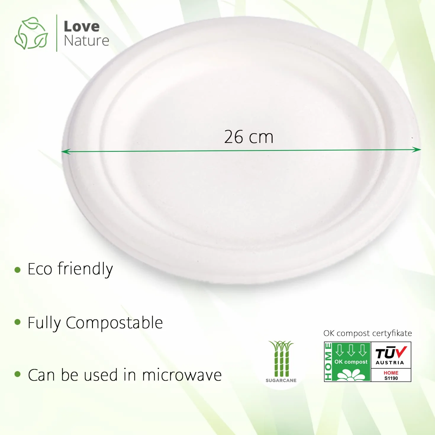 Love Nature Ekologiczny zestaw talerzy jednorazowych 26 cm 50 szt biodegradowalne z miąższu trzciny cukrowej