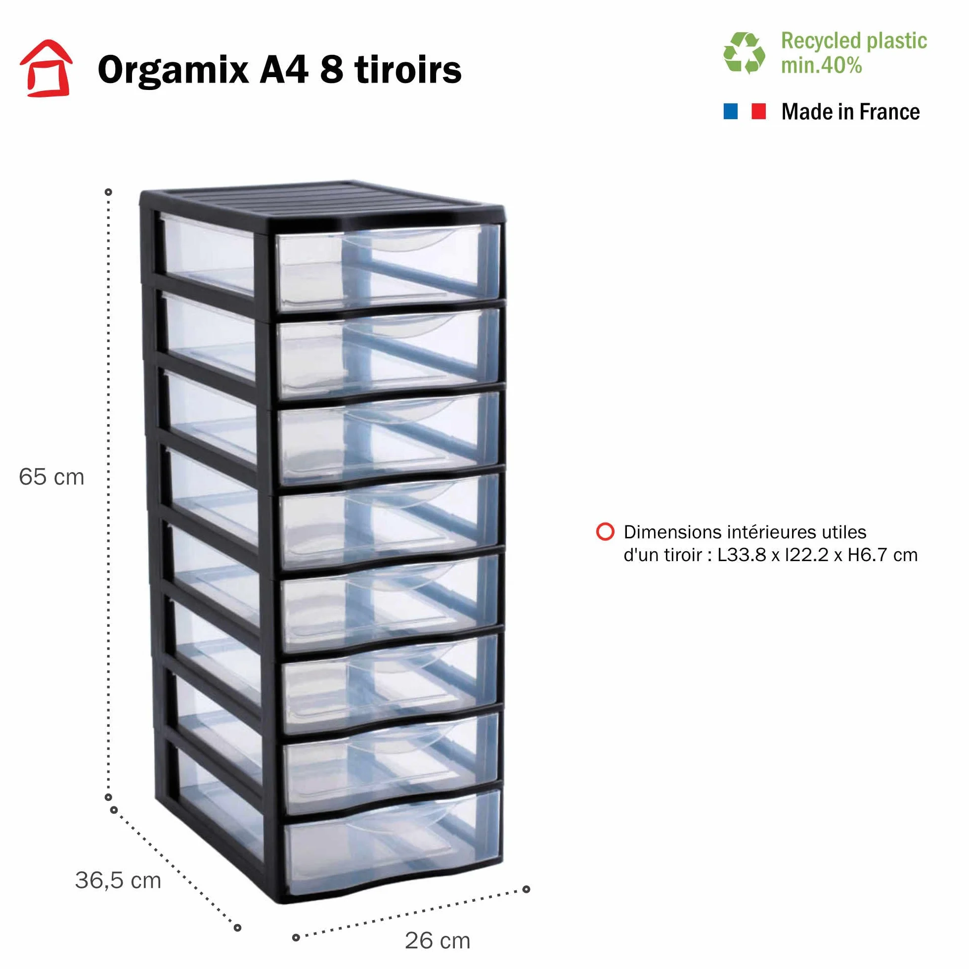 SUNDIS Orgamix, plastikowy komoda do przechowywania, 8 przezroczyste szuflady A4, wysokość 65 cm, idealna do przechowywania biurowego, lekcji, dokumentów, materiałów eksploatacyjnych