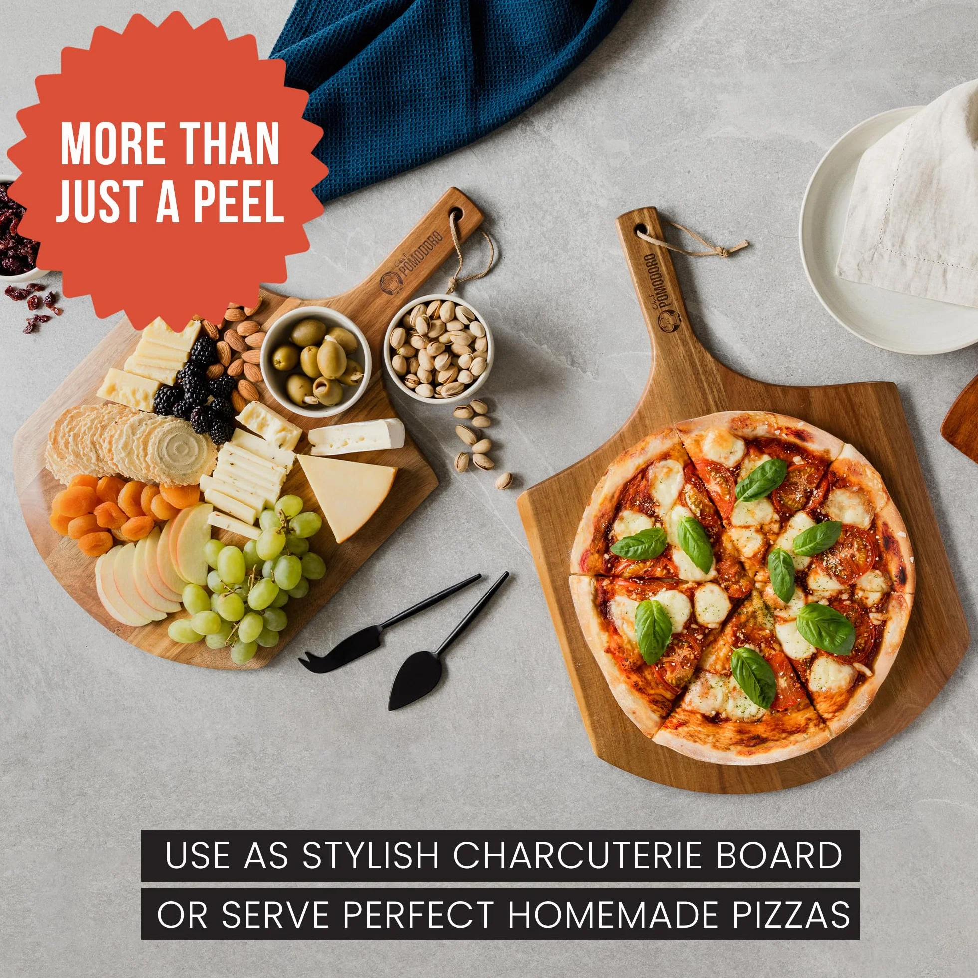 Chef Pomodoro - Łopatka do pizzy – 30 cm – długi uchwyt zapewnia dodatkową ochronę przed spalaniem – lekka łopatka do pizzy z drewna akacjowego do łatwego użytkowania – idealna jako akcesorium do