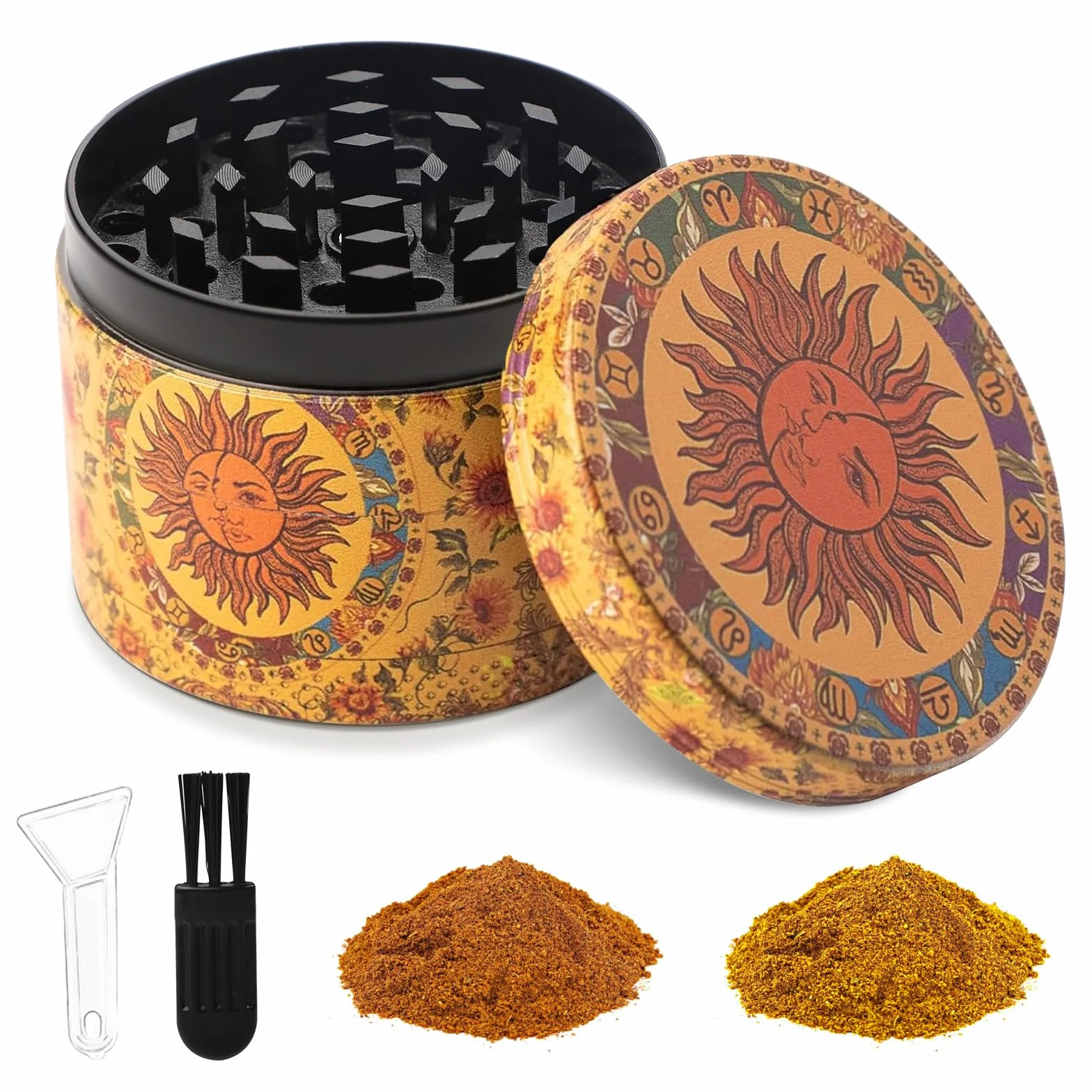 Grinder duża kruszarka, młynek do przypraw 50 mm ze skrobakiem i plastikową szczotką, 4 warstwy słońca, młynek do pyłków, metal, 4-częściowy zestaw do przypraw