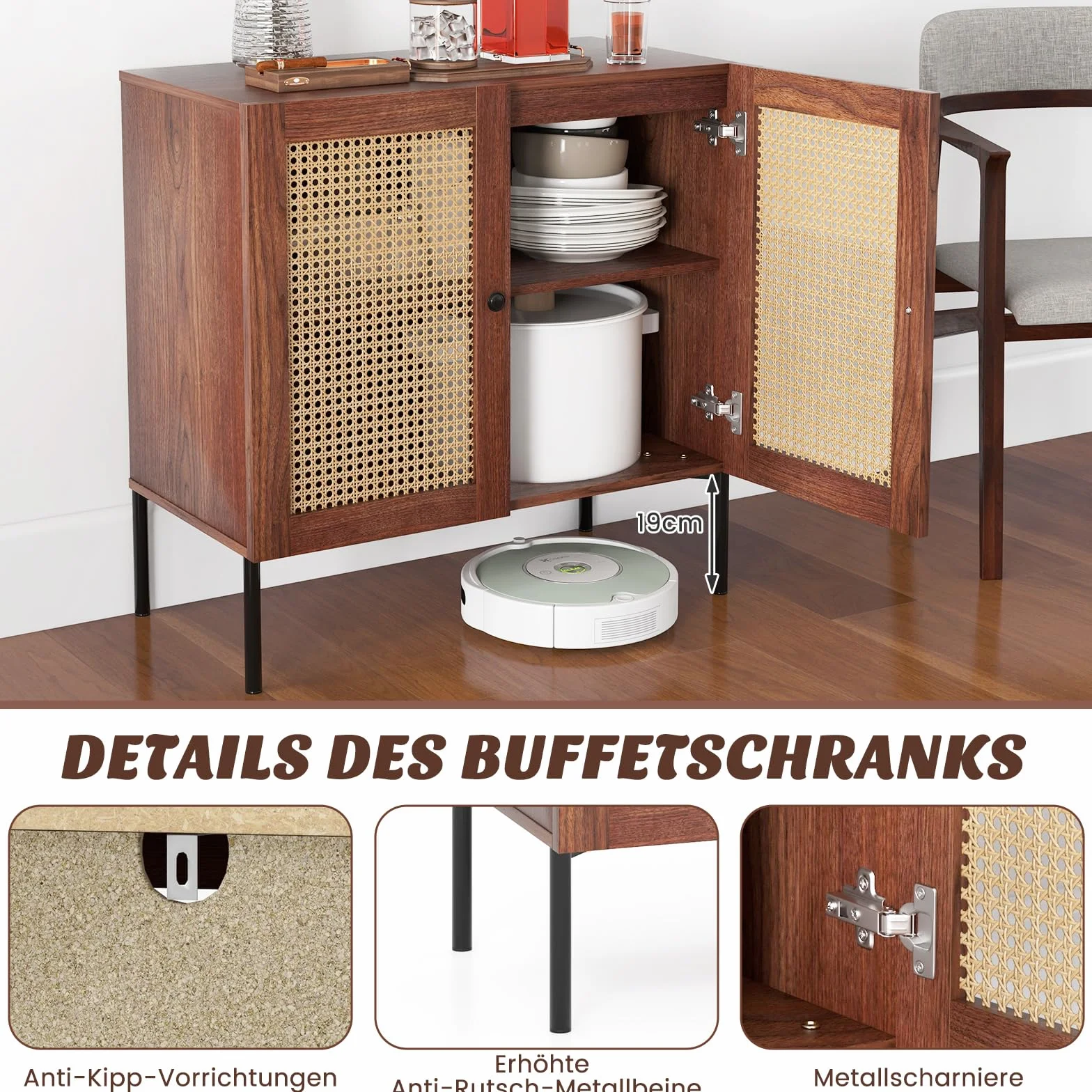 COSTWAY Kredens z 2 drzwiami rattanowymi, szafka kuchenna z drewna, 80 x 40 x 80 cm, orzech