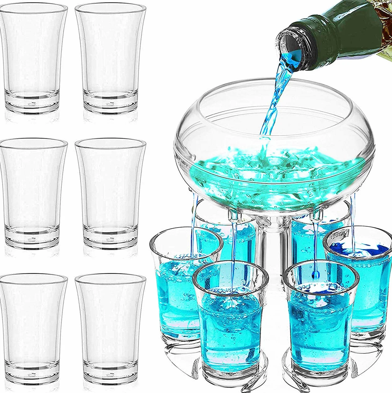 Dozownik do kieliszków z 6 kieliszkami 45 ml, zestaw, imprezowy, akrylowy, do soków, alkoholi, cydru, whisky, ginu, koktajli, zabawne akcesoria barowe i domowe, przezroczysty