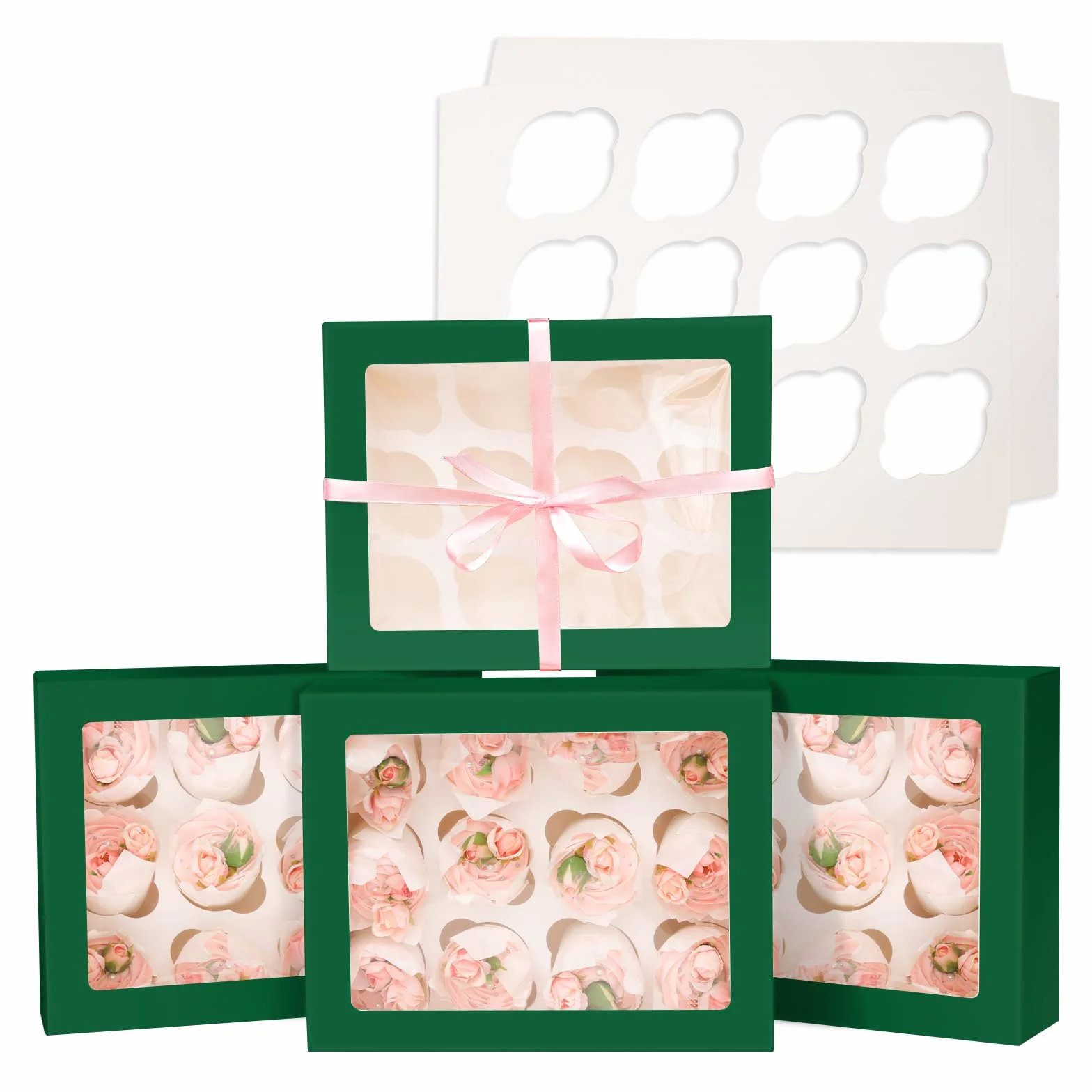Pudełka na babeczki z okienkiem 33x25,4x9cm 6 sztuk Ciemnozielone