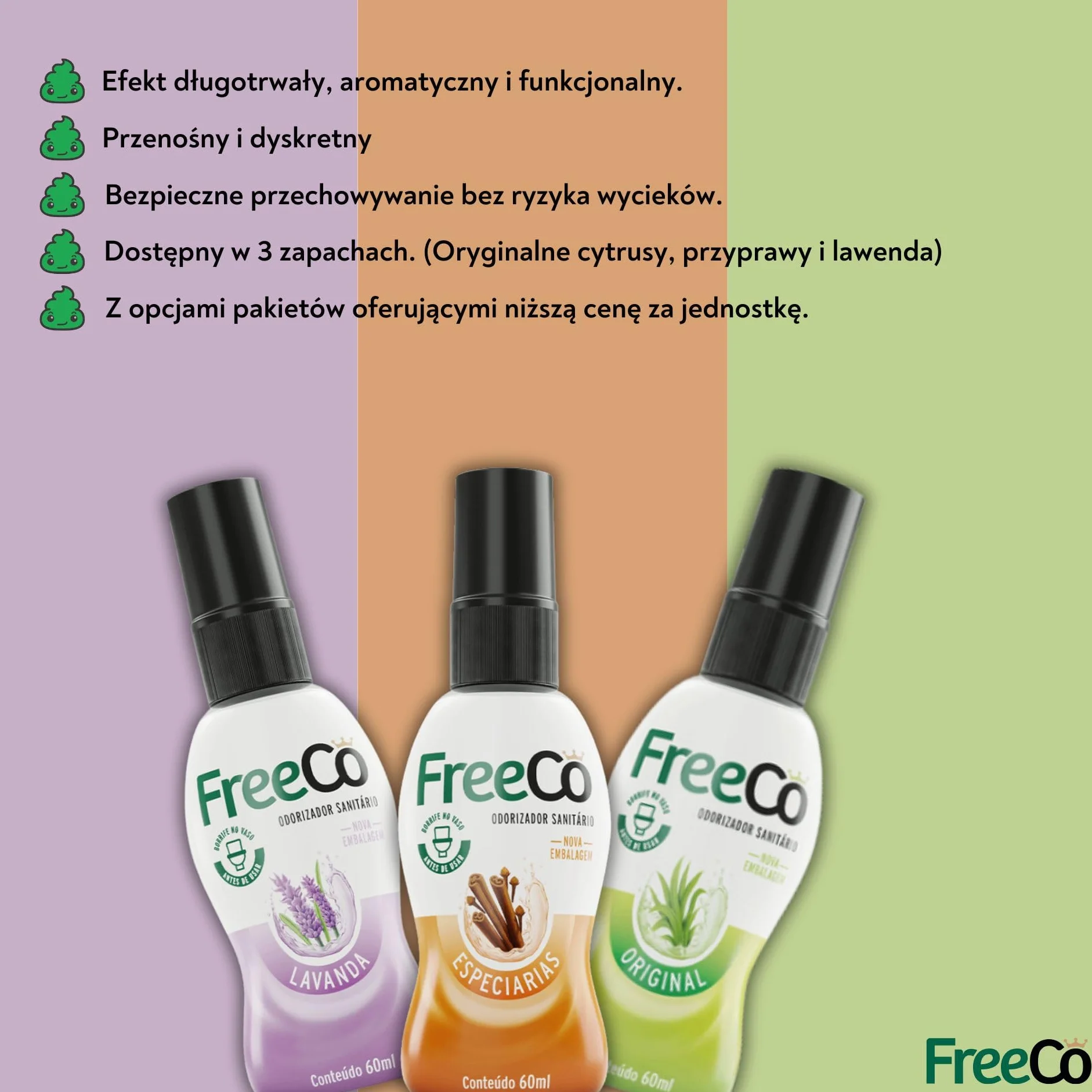 Freeco Spray do WC Blokuje zapach Olejki Eteryczne Zestaw 3x60ml Cytrusowy Lawendowy
