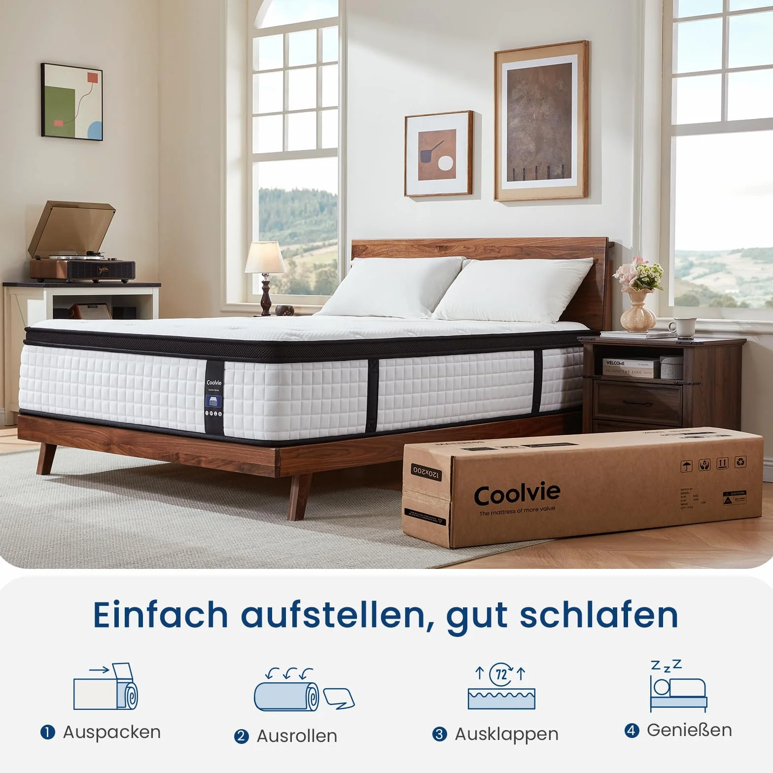 Coolvie Materac 90 x 190 cm w pudełku, 7-strefowy stopień twardości H2 i H3, ortopedyczny materac ze sprężynami kieszeniowymi 30 cm z odciążającą plecy pianką memory, certyfikat Oeko-Tex, dla dzieci i