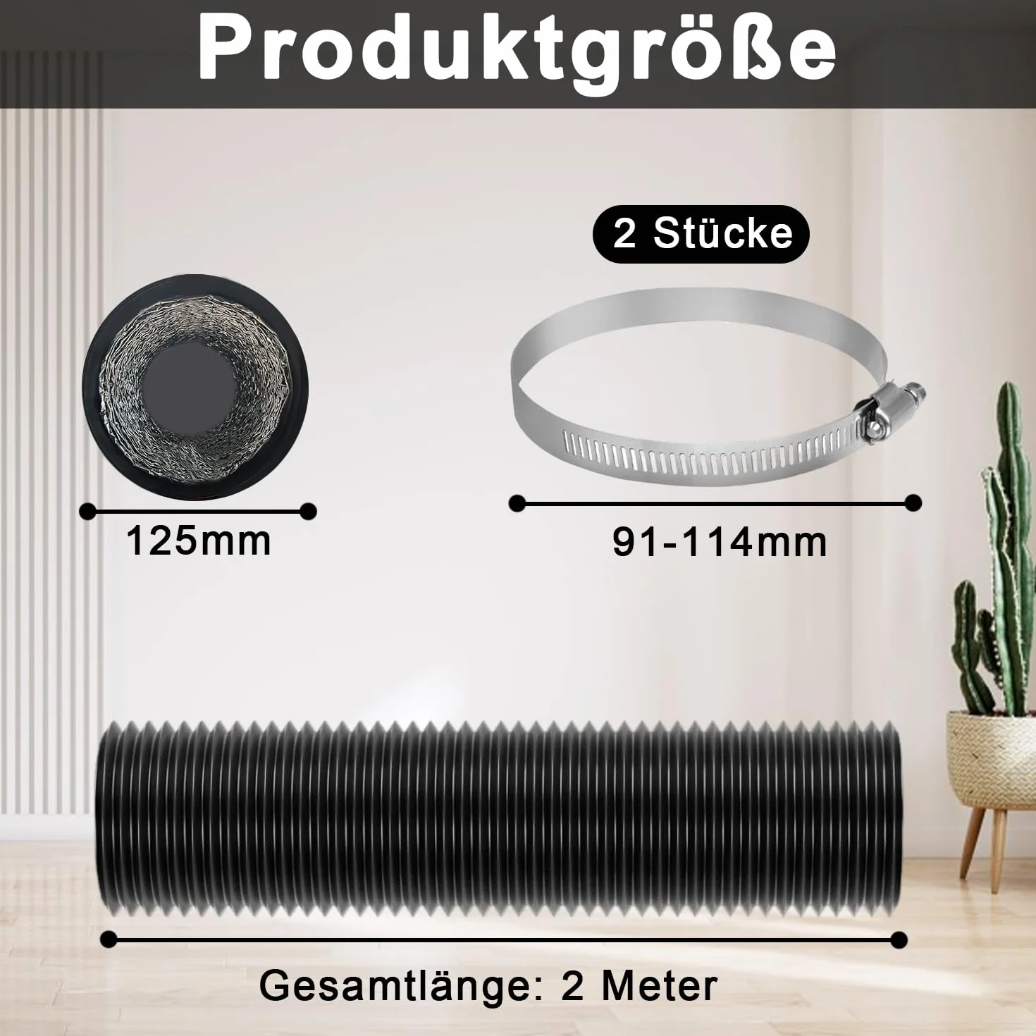 Wąż odprowadzający powietrze 125 mm z aluminium, elastyczne rury aluminiowe, długość 2 m, PVC, rury wentylacyjne z 2 kołami stalowymi, wąż do klimatyzacji, wąż odprowadzający powietrze z klimatyzatora
