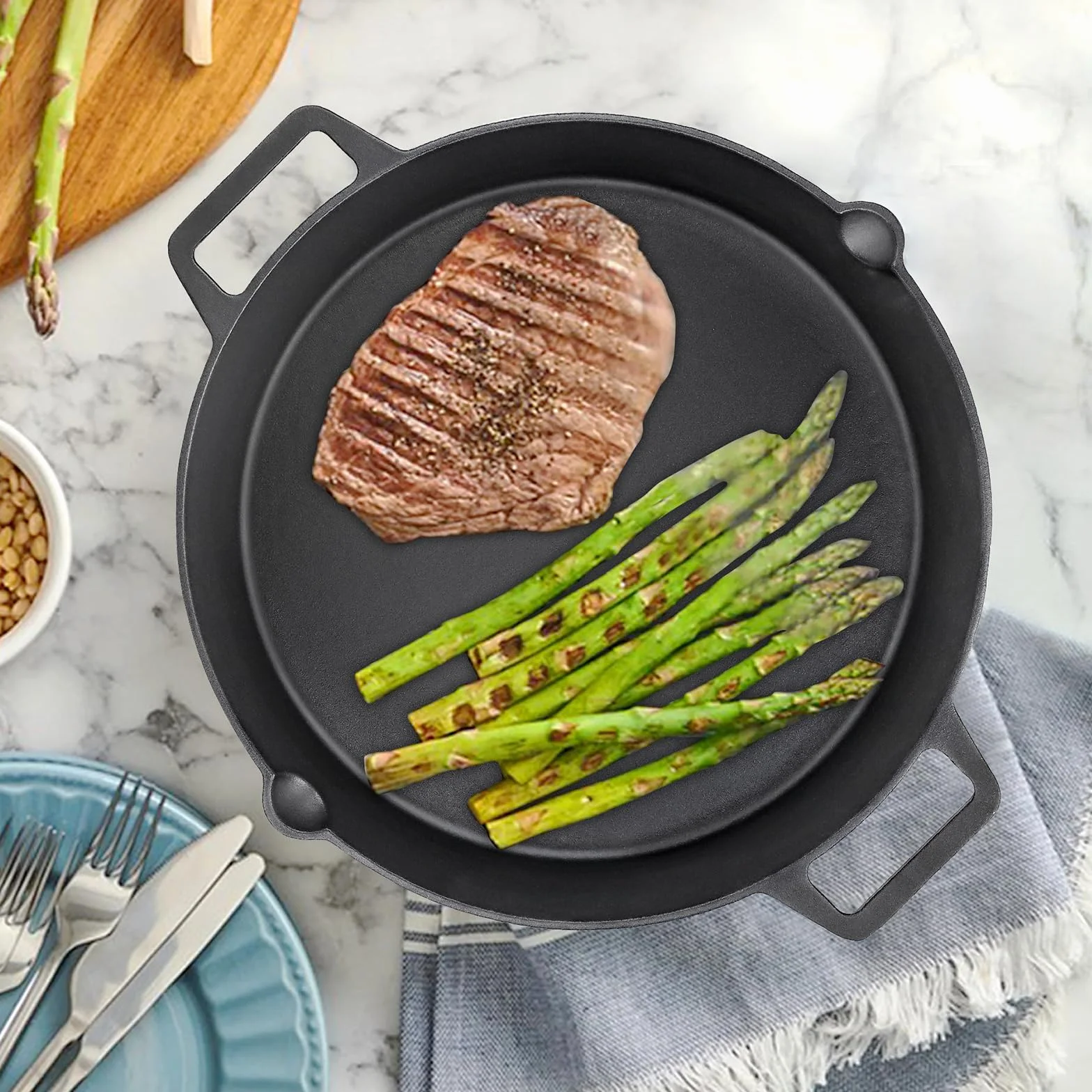 Denmay Żeliwna Patelnia Grillowa 40 cm, Okrągła z Dwoma Uchwytami