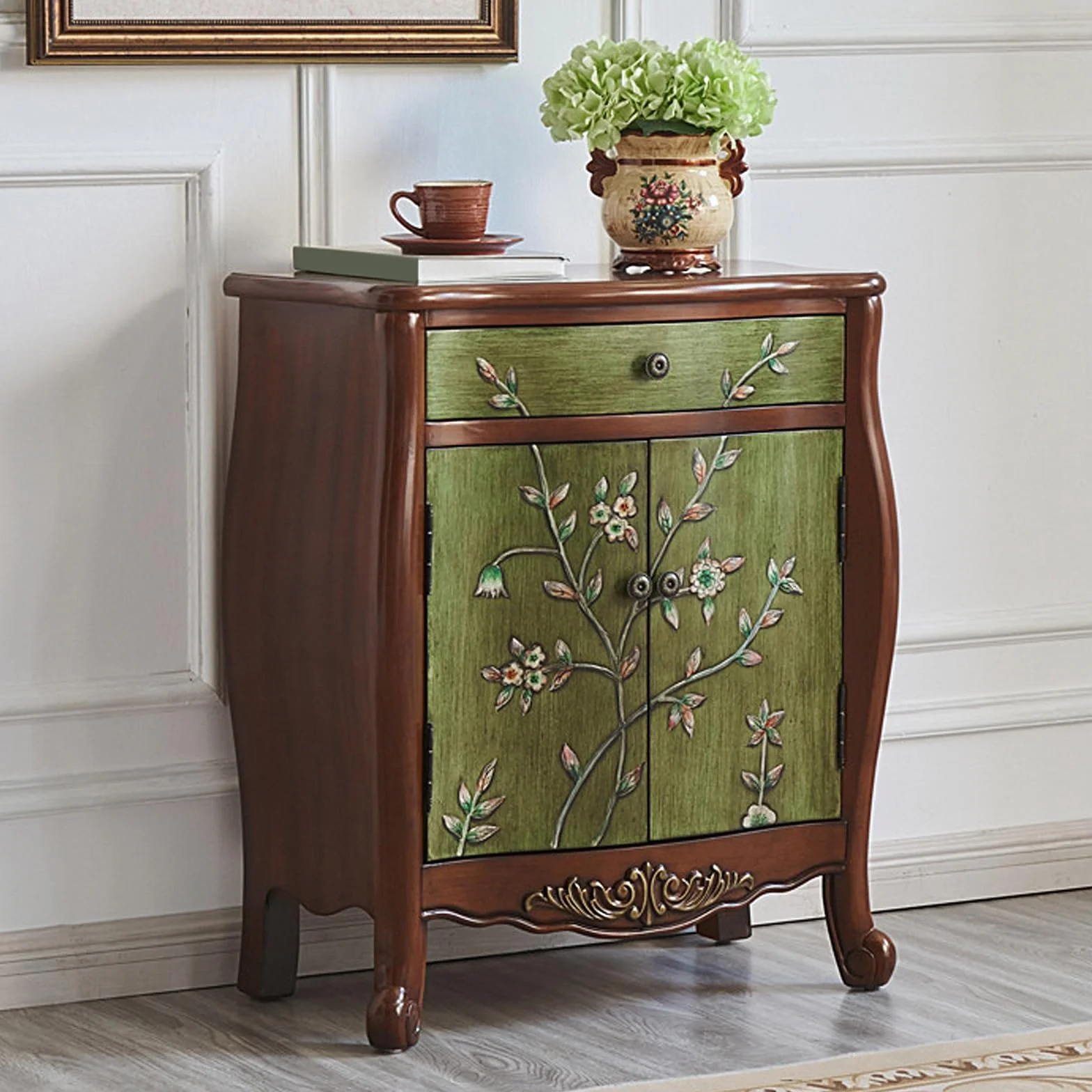Szafka na Biżuterię z 1 Szufladą i 2 Drzwiami Drewniana Szafka Boczna Szafki do Sypialni Meble Malowane w Stylu Retro (Orzech i Zieleń, 66 * 33 * 77.5cm)