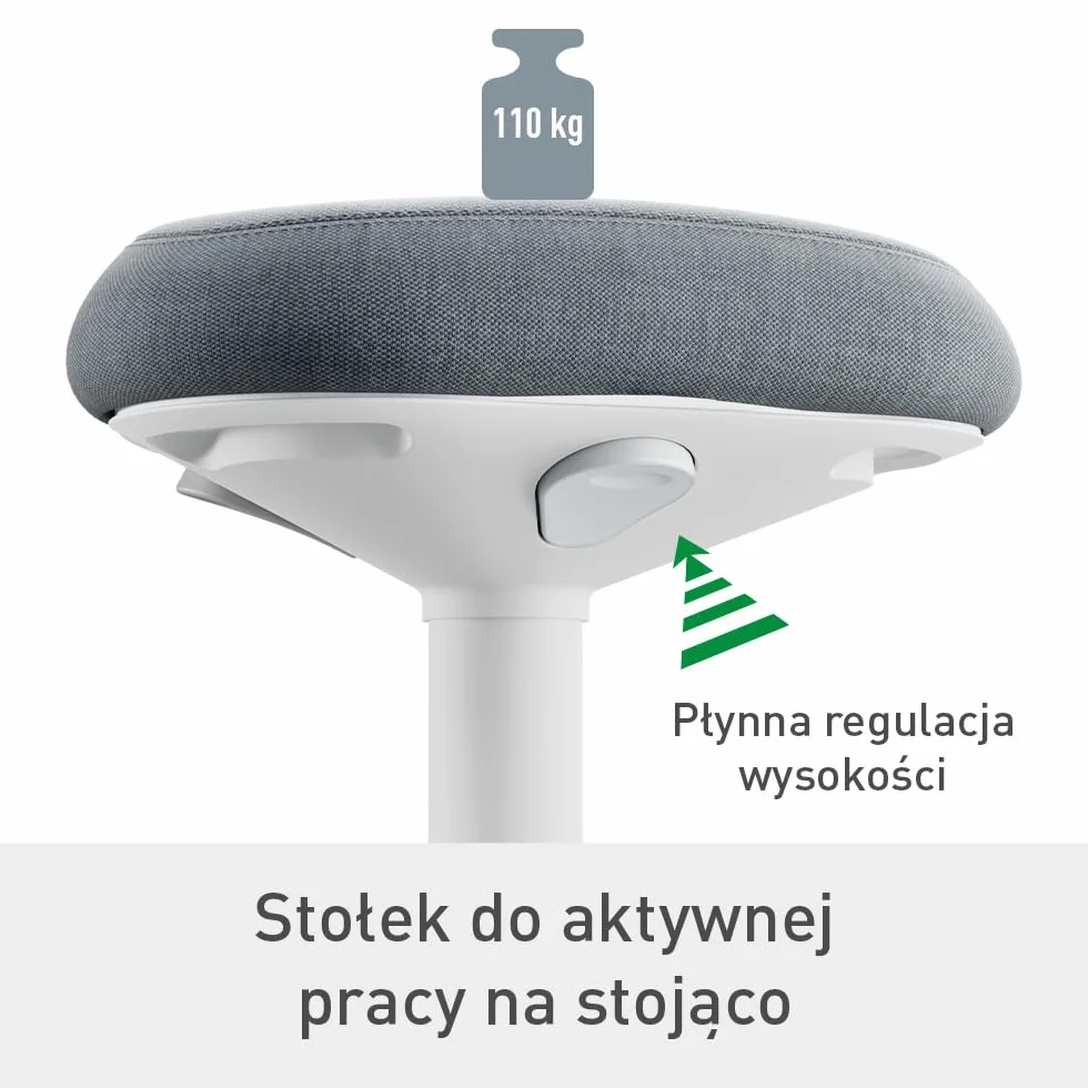 Stołek Leitz Ergo Active z Unikalną Komfortową Poduszką z Pianki o Podwójnej Gęstości, Regulowana Wysokość Od 57 do 82cm, Siedzisko w 100% z Recyklingu, Udźwig 110kg, Seria Ergo, Jasnoszary, 65450085