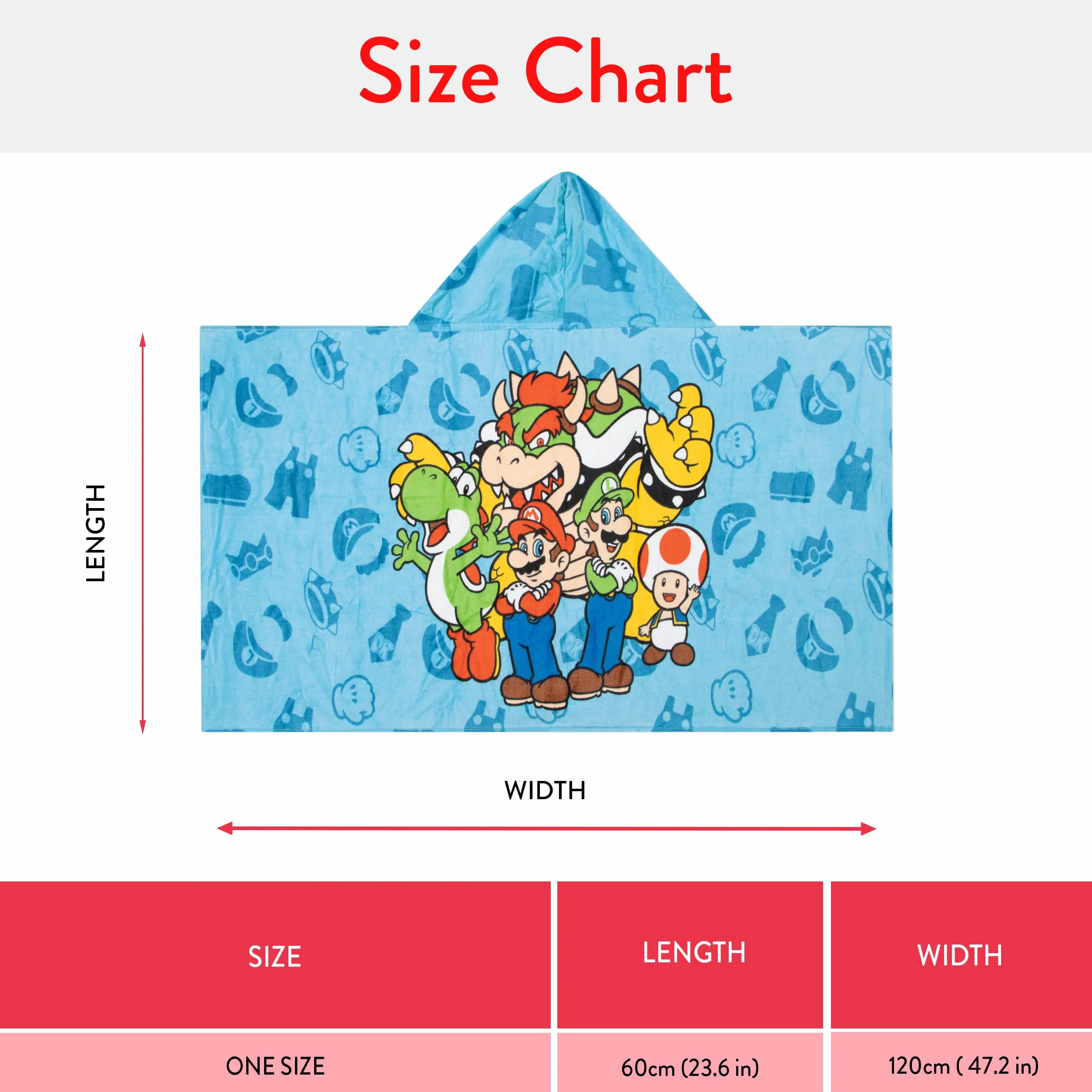 Super Mario Ręcznik Plażowy Dla Chłopców Z Kapturem, Niebieski One Size