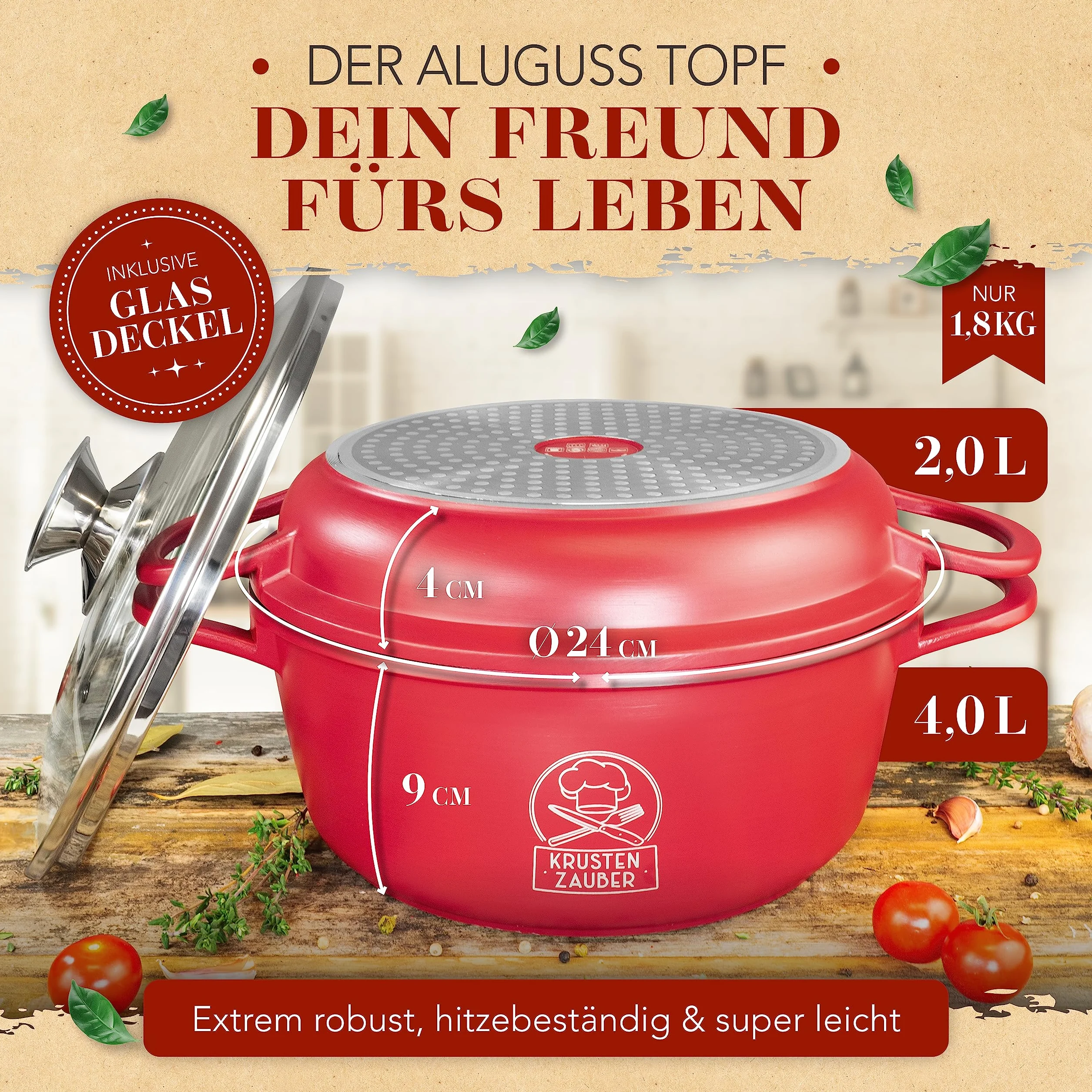 KRUSTENZAUBER 24 cm odlew aluminiowy naczynie do pieczenia z pokrywką szklaną 4 l garnek do duszenia patelnia indukcyjna