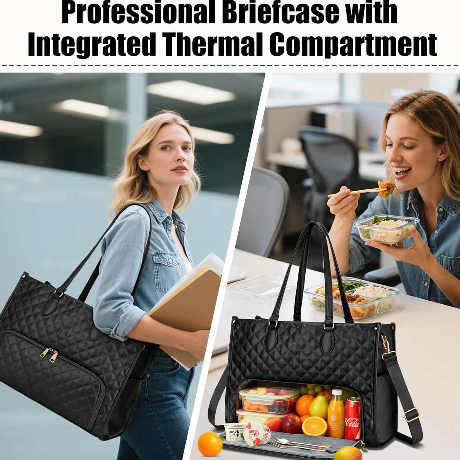 Damska torba na lunch 2 w 1 z kieszenią chłodzącą na laptop 15,6" czarna