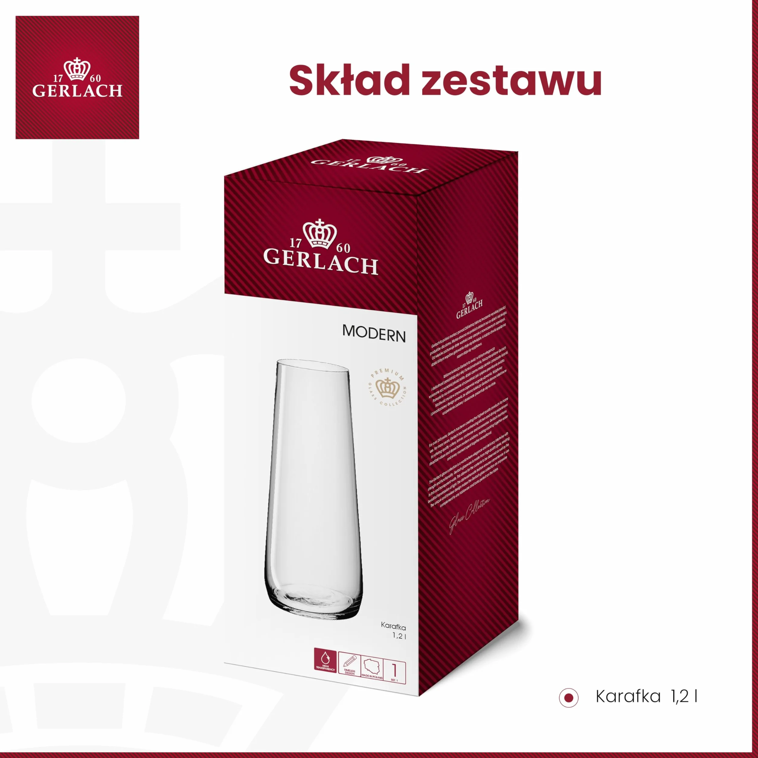 Gerlach 1760 Szklana Karafka na Wodę 1,2 l Przezroczysta