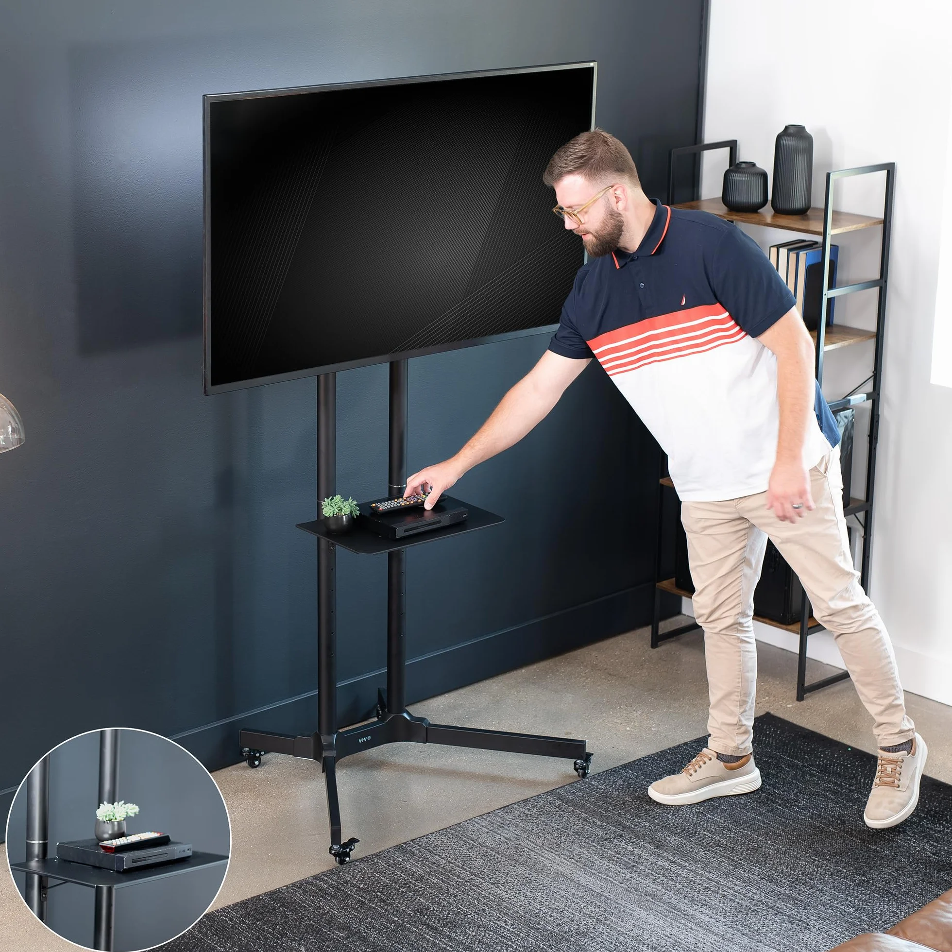 VIVO STAND-TV03E mobilny wózek na telewizor o przekątnej od 32 do 210.8 cm do 50 kg, LCD LED OLED 4K Smart Flat i zakrzywione panele, stojak na kółkach z półką na laptopa DVD, kółka blokujące, Max