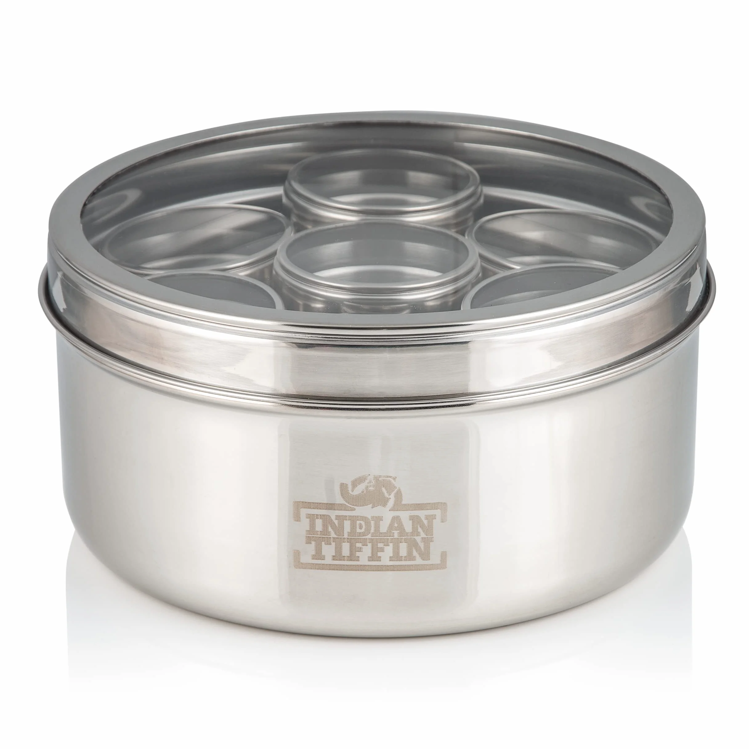 Indian Tiffin Masala Dabba pojemnik na przyprawy hermetyczny duży 20 cm przezroczysta pokrywka