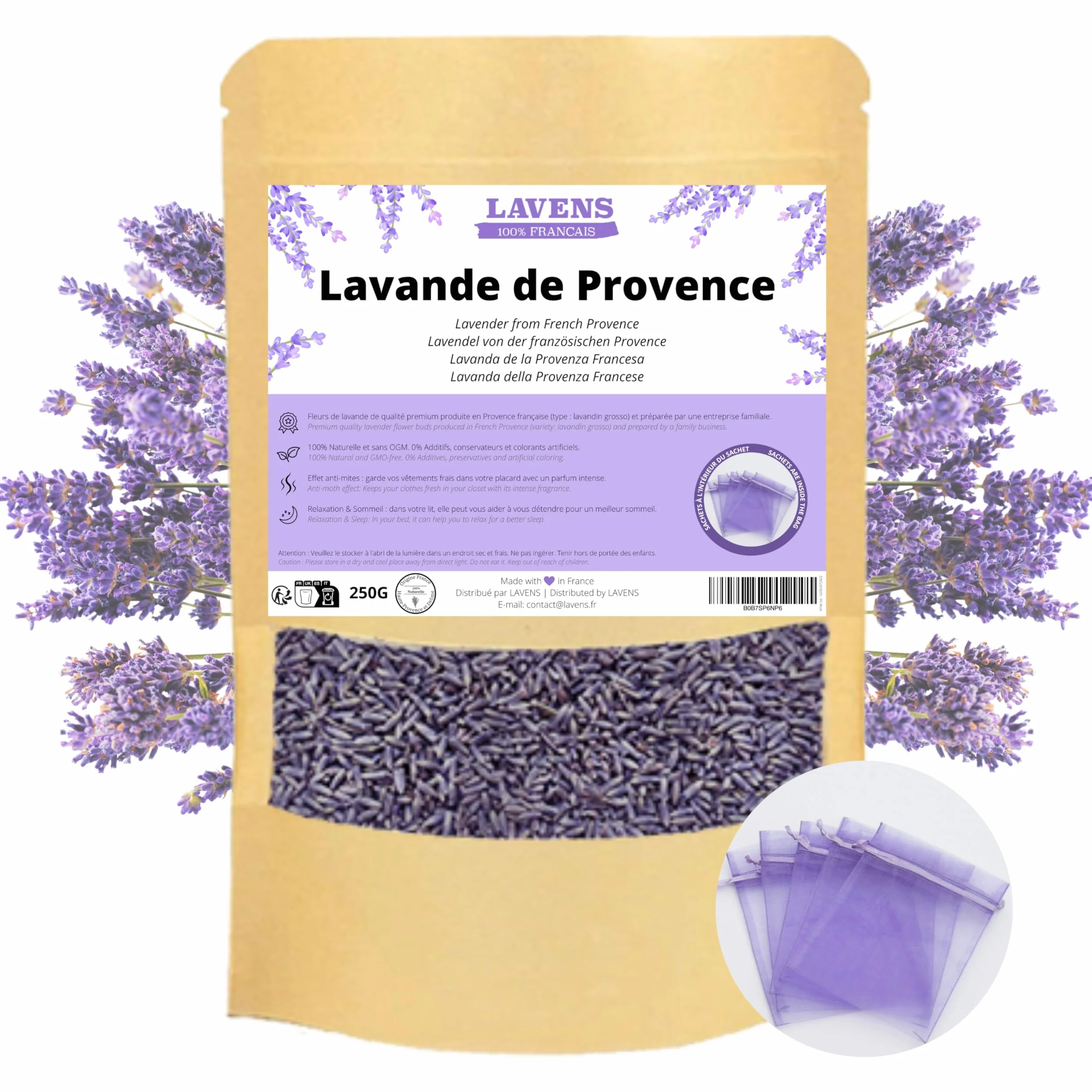 LAVENS Suszone kwiaty lawendy | 100% francuski | 250 g + 10 woreczków z organzy gratis suszona lawenda, idealna do pachnących woreczków lawendowych i potpourri. Jakość premium i intensywny zapach.