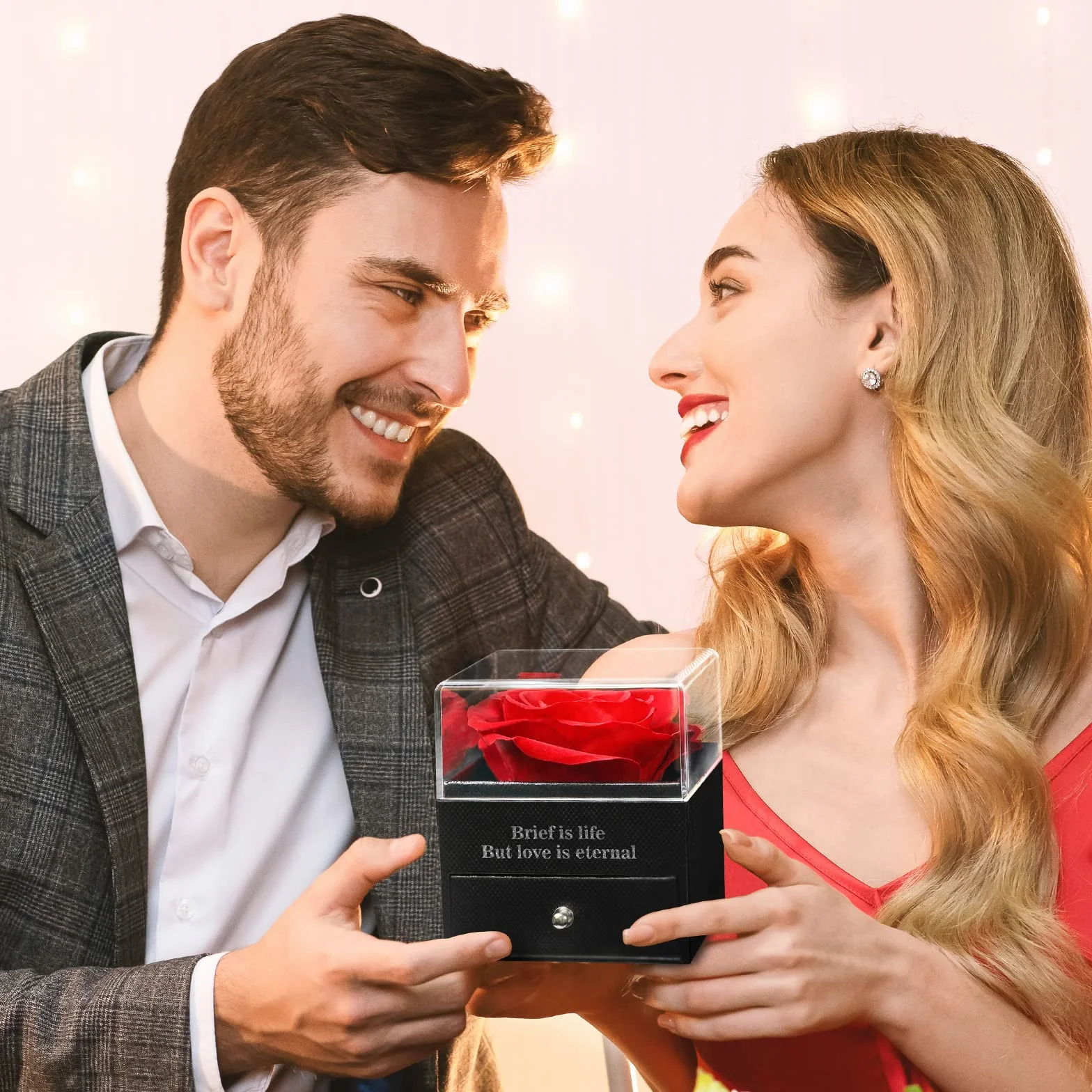 Wieczna róża w pudełku prezentowym z naszyjnikiem I Love You, ręcznie wykonana, prezent dla niej