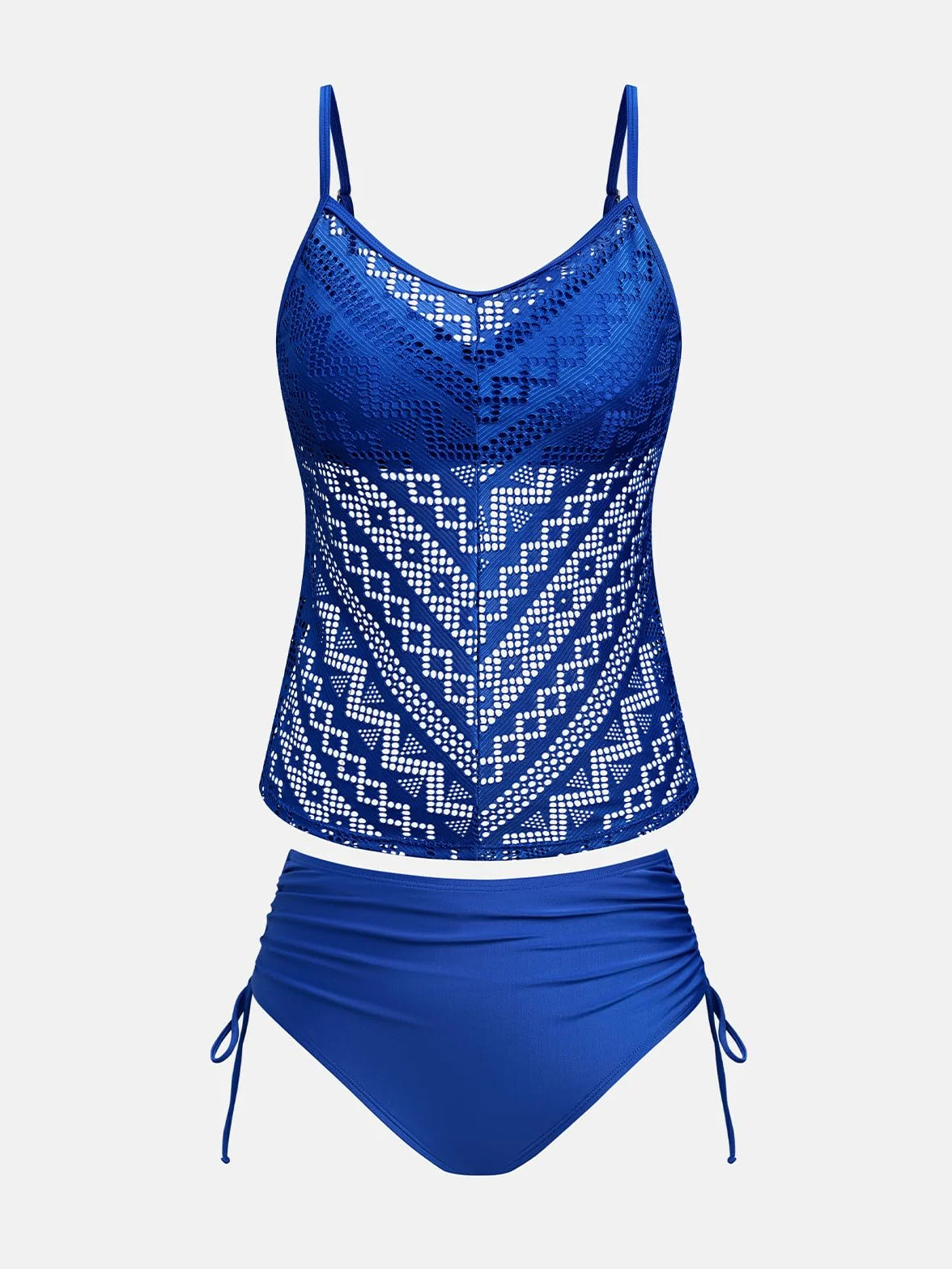 CUPSHE Damskie dwuczęściowe tankini, dekolt w szpic, siateczkowe kąpielówki, regulowane, ramiączka spaghetti i boczne paski