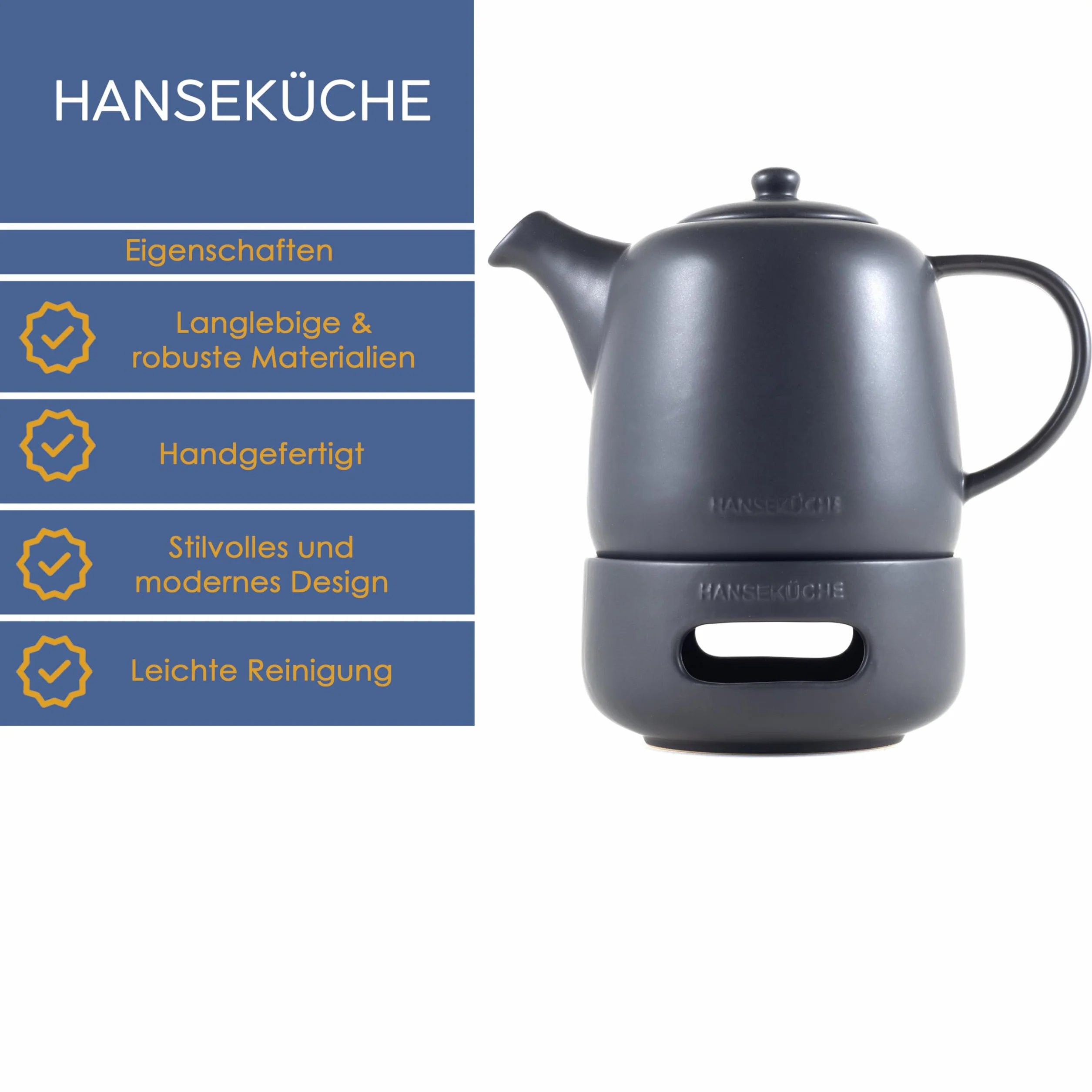Hanseküche Dzbanek do herbaty z podgrzewaczem – wysokiej jakości zaparzacz do herbaty z sitkiem, wyjmowany ze stali nierdzewnej 304 – designerskie naczynie do herbaty i torebek herbaty, termos, czarny