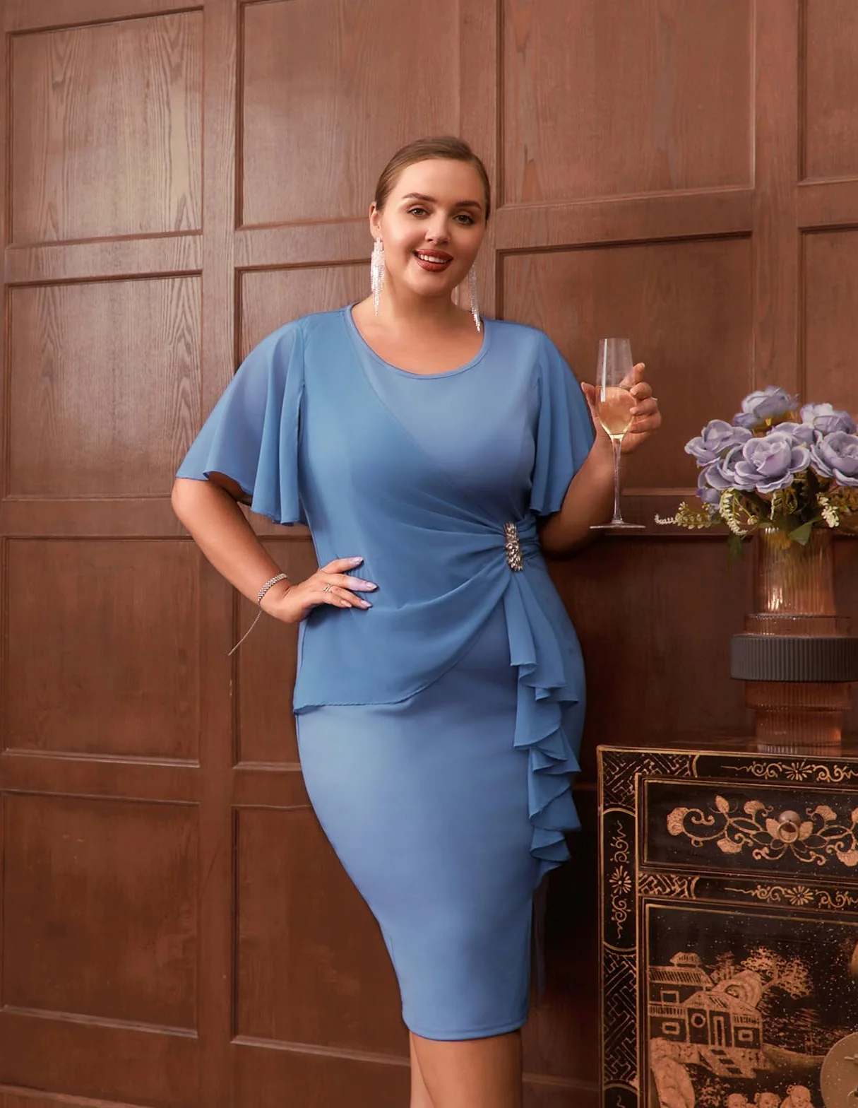 Hanna Nikole Damska ołówkowa sukienka koktajlowa w rozmiarze plus size z szyfonu z kryształkami strasu, falbankami i krótkim rękawem oraz rozcięciem