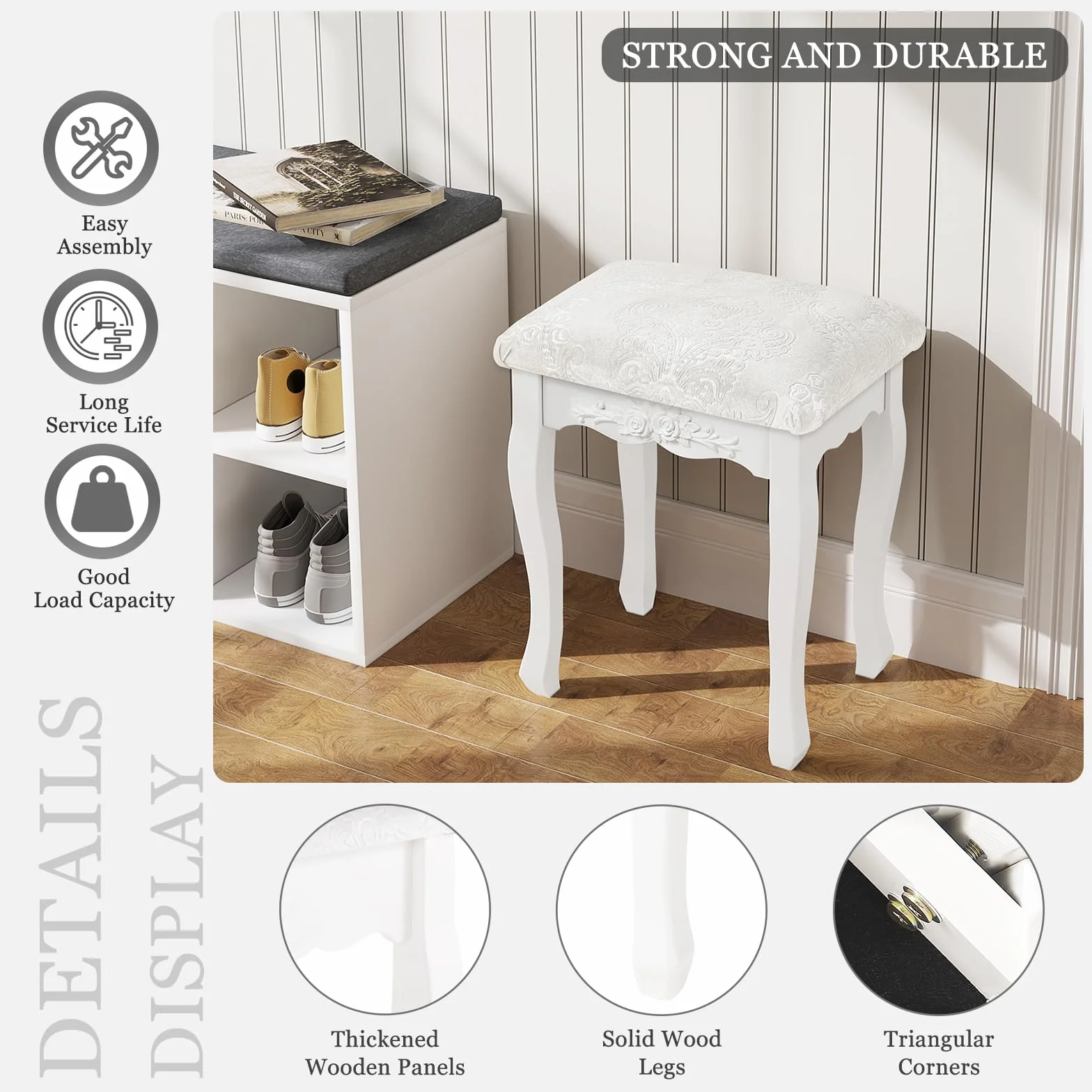 WOLTU MB6015 Taboret do Makijażu Tapicerowany MDF Lakierowany Biało Kremowo-Biały Barokowy
