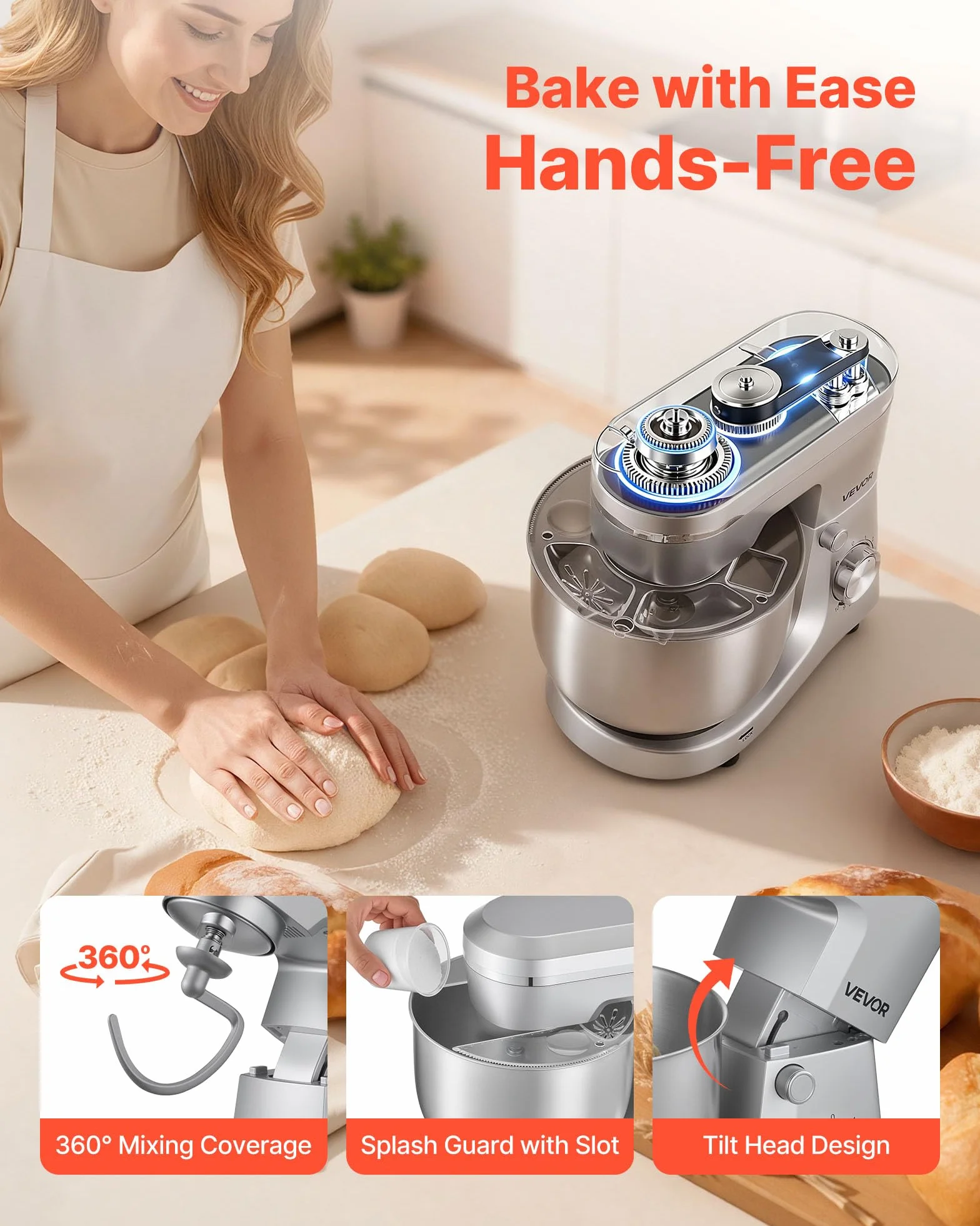 VEVOR Blender stojący 1500 W, miski ze stali nierdzewnej 4,2 + 5,7 l, 10-biegowy, srebrny