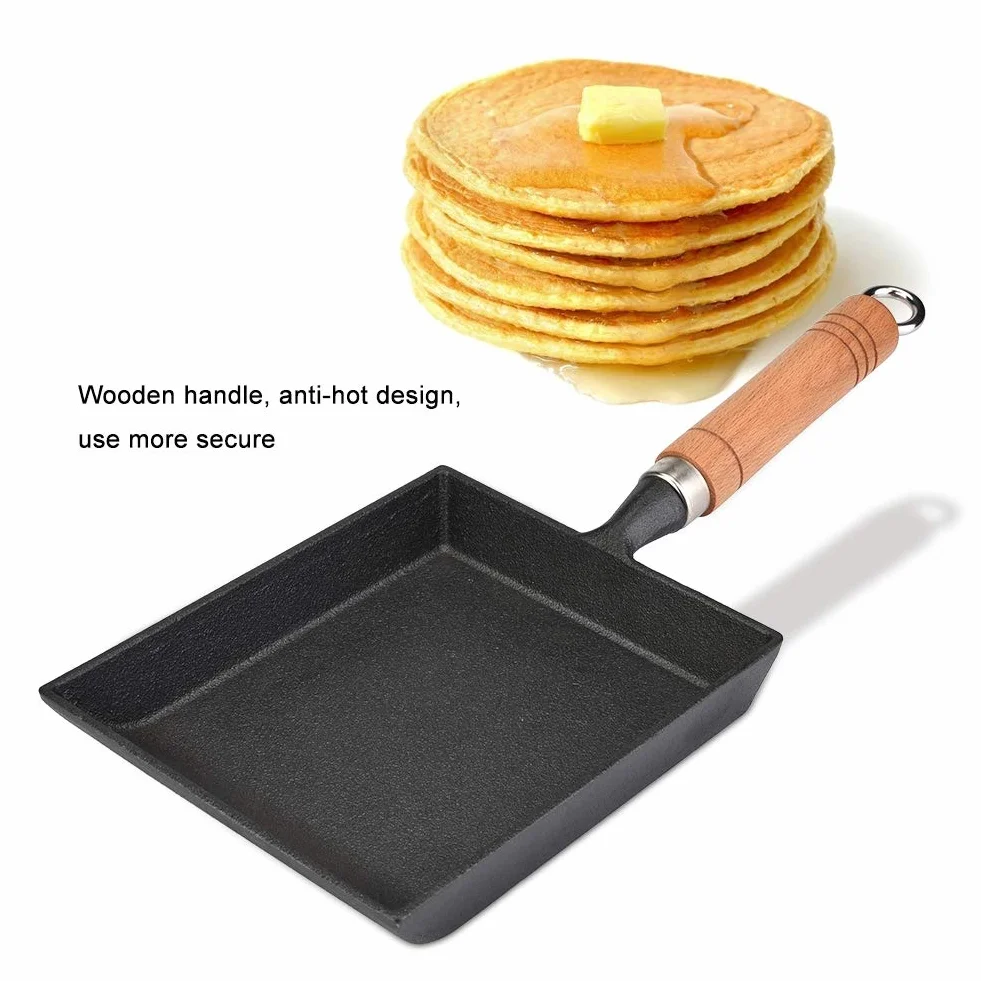 ASHATA Japońska Mini Tamagoyaki Omlet Patelnia do jajek Kwadratowa patelnia żeliwna prostokątna patelnia z drewnianym uchwytem, nieprzywierająca (37 x 15,5 cm/14,6 * 6,1 cala)
