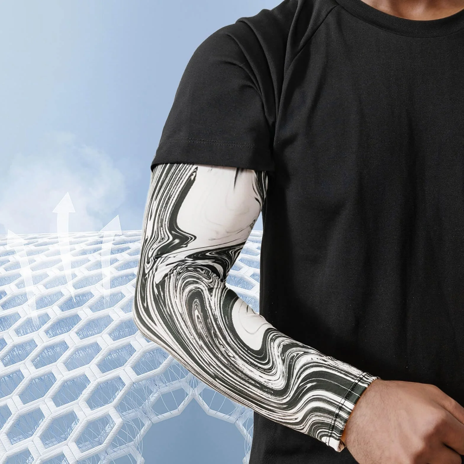 Rękaw gamingowy, do e-sportu, wirtualnej koszykówki: rękaw na ramię, chroniący przed potem, superlight tattoo biały/czarny, na lato, dla mężczyzn kobiet, czarny Streifen, S