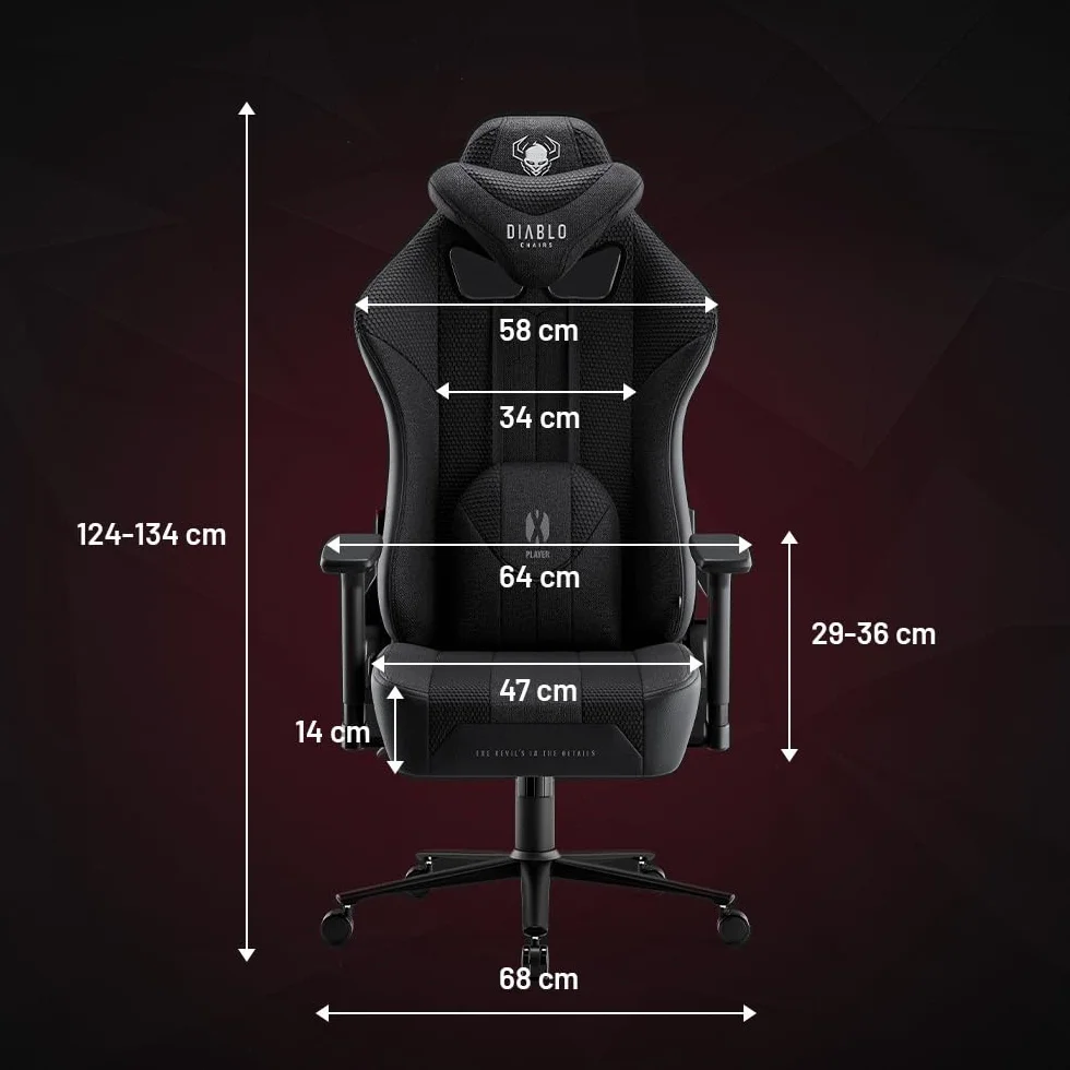 Diablo X-Player 2.0 Fotel Gamingowy Krzesło Biurowe Obrotowy Regulowane Podłokietniki 3D Ergonomiczny Czarny Normal (L)
