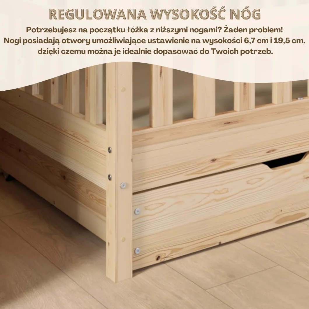 Łóżko domek z szufladami Crazy House 200 x 120 cm – Łóżko dziecięce z naturalnego drewna z odkręcaną barierką – Łóżko Montessori