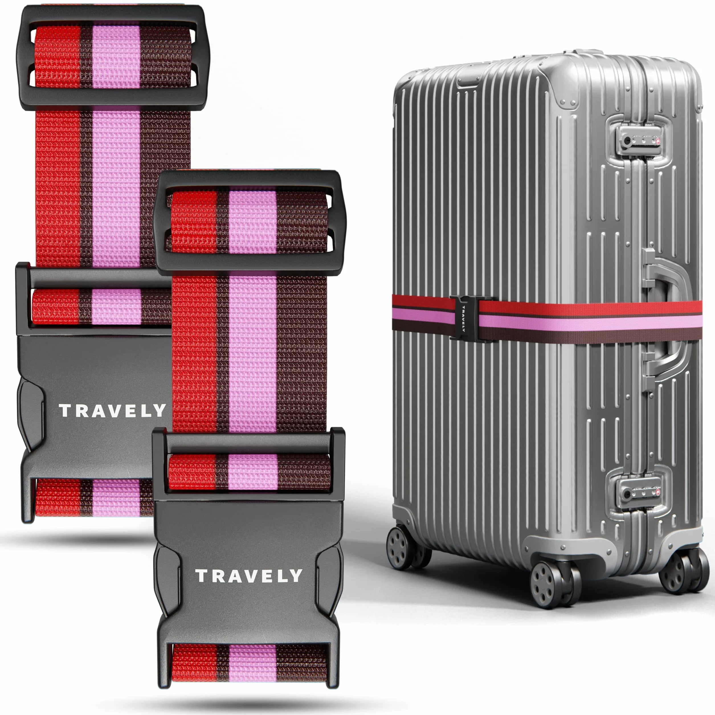 Travely® Pasek do bagażu premium – szczególnie przyciągający wzrok i bezpieczny – zawiera 2 zawieszki z imieniem – pasek do bagażu idealny na krzyż – zestaw 2 szt., kolorowy