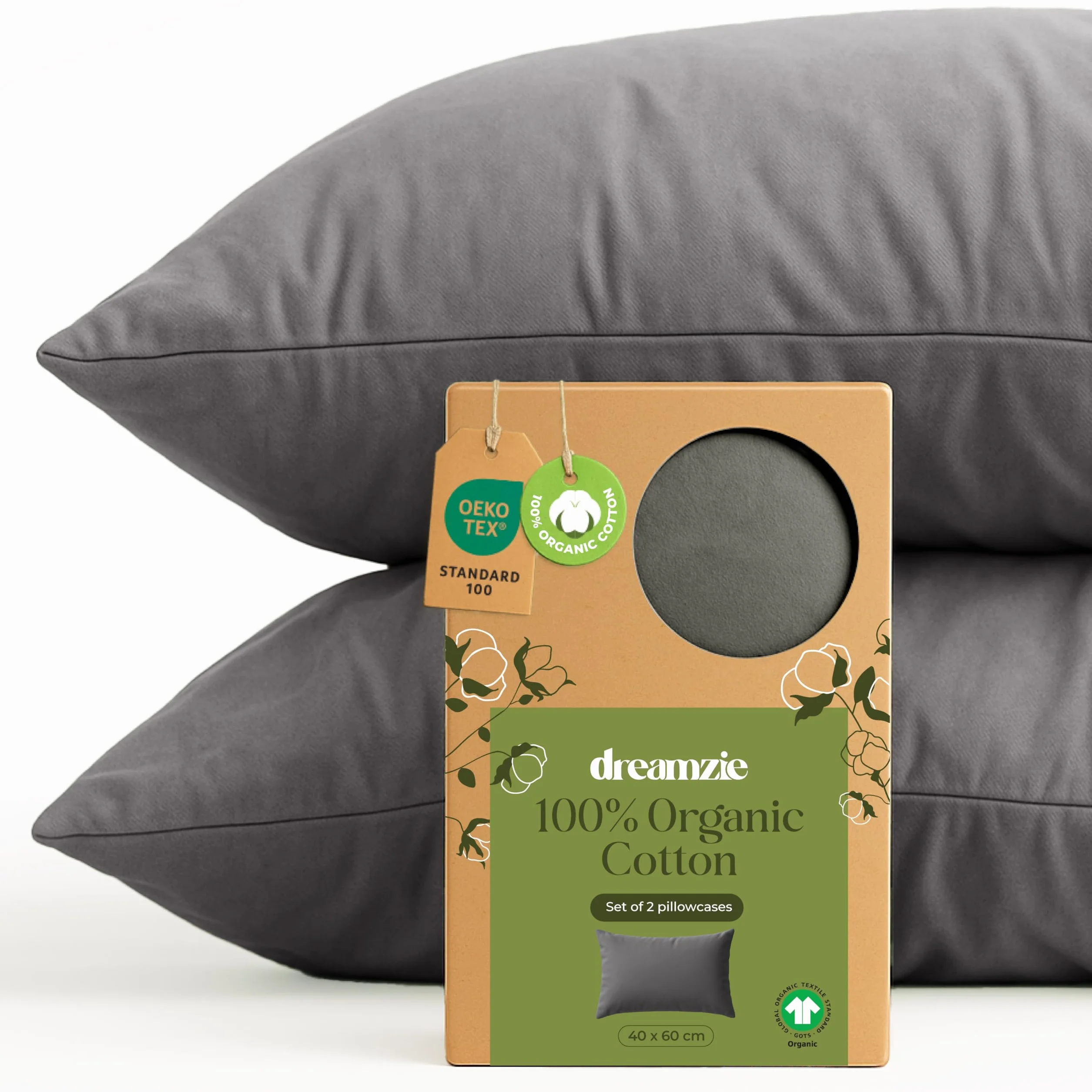 Poszewka na Poduszkę 40x60 cm Bawełna Organiczna Oeko-Tex Antracyt zestaw 2 sztuk