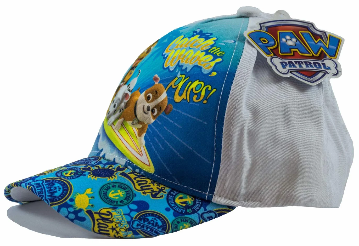 PAW PATROL Pups Chase, Marshall i Rubble Catch The Waves Pups, czapka baseballowa, czapka z daszkiem dla dzieci, dziewcząt i chłopców, ze 100% bawełny, z zapięciem na rzepy, biały, 52 cm
