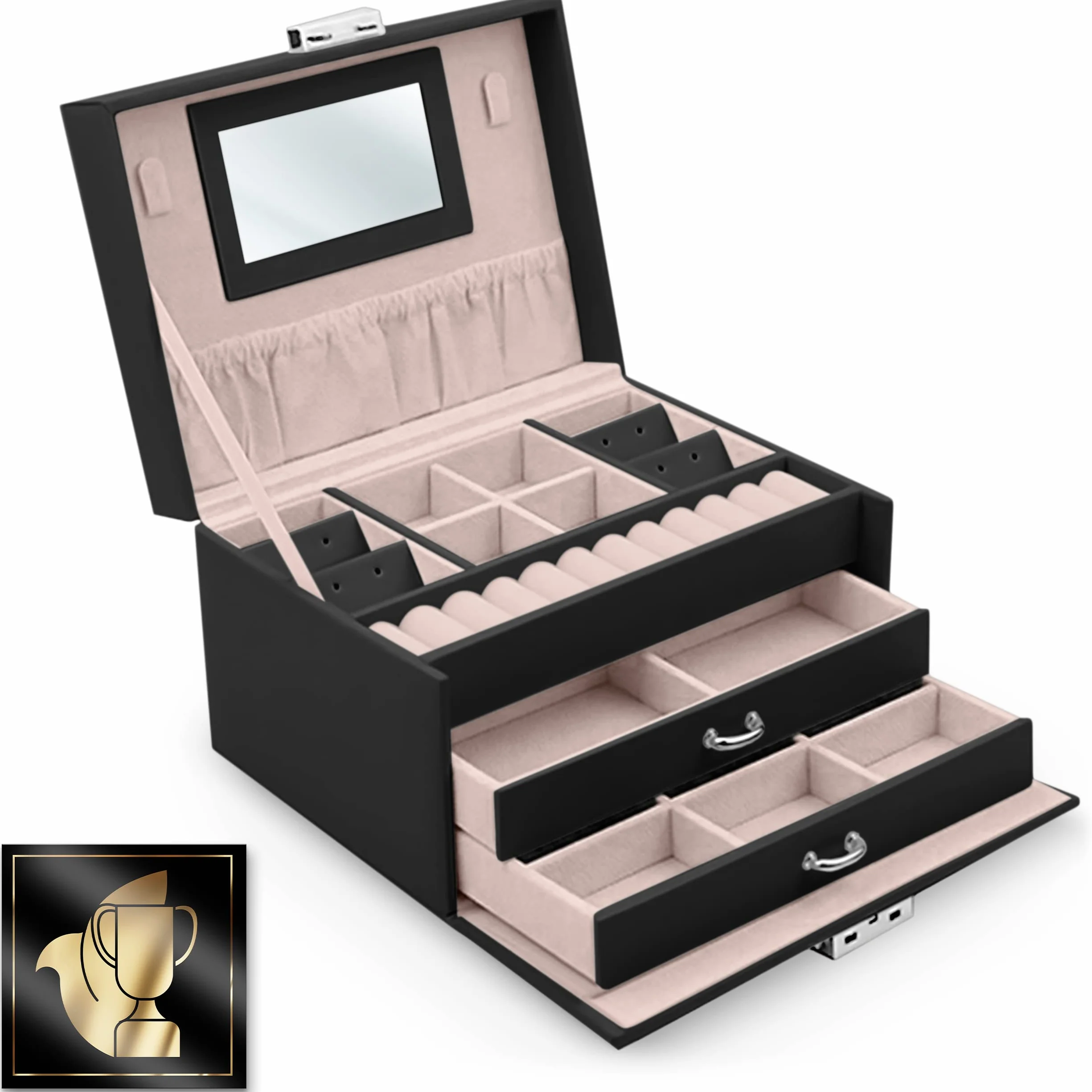 Szkatułka Na Biżuterię Kuferek Z Lusterkiem Organizer Do Przechowywania Biżuterii 18,6 x 14,8 x 11 cm Czarny