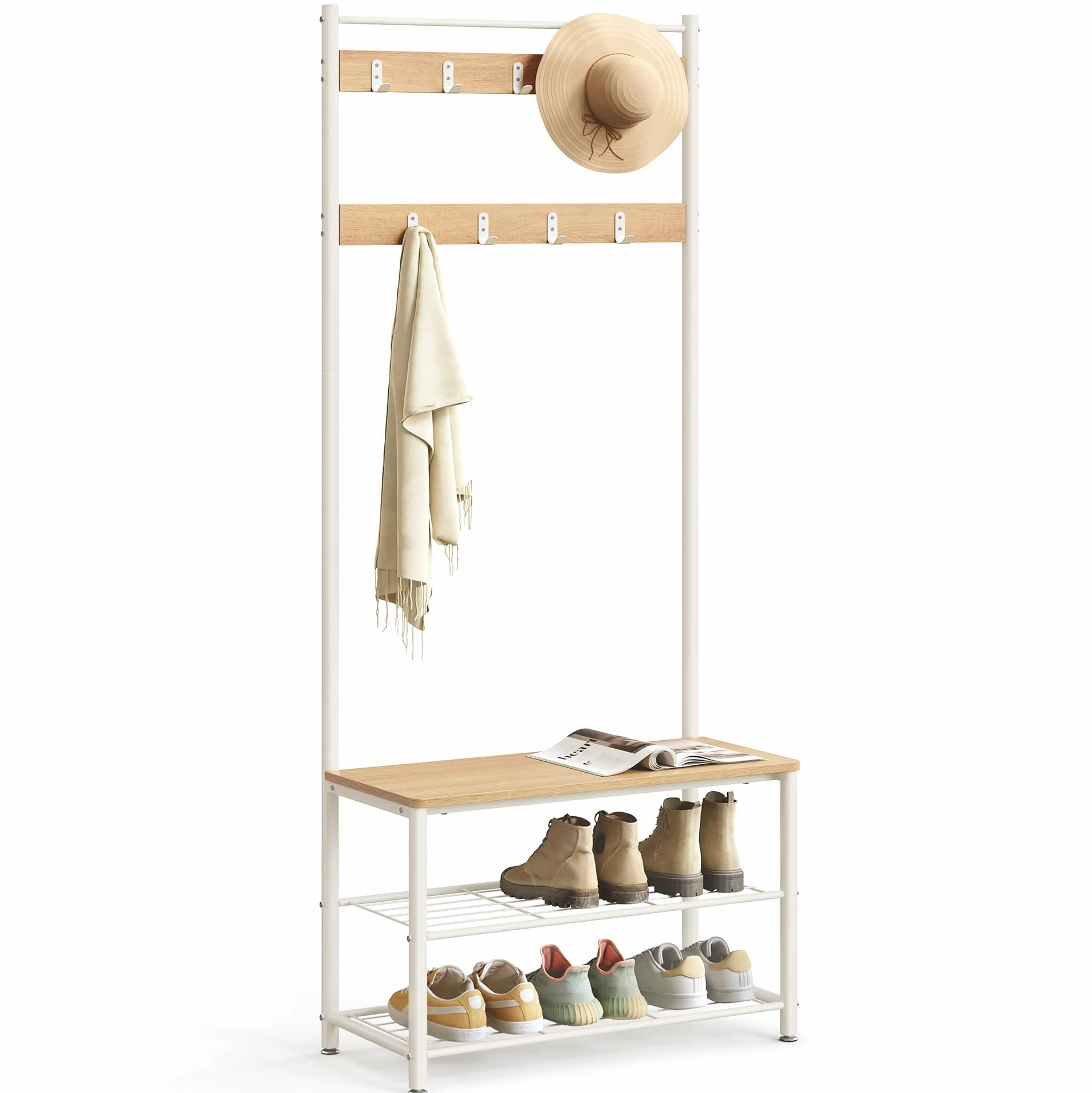 VASAGLE Wieszak na płaszcze z półką na buty, szafka do przedpokoju z ławką, 3 w 1, stalowa rama, do przedpokoju, 32 x 70 x 177 cm, nowoczesny styl, kolor dębu i kremu HSR041W09