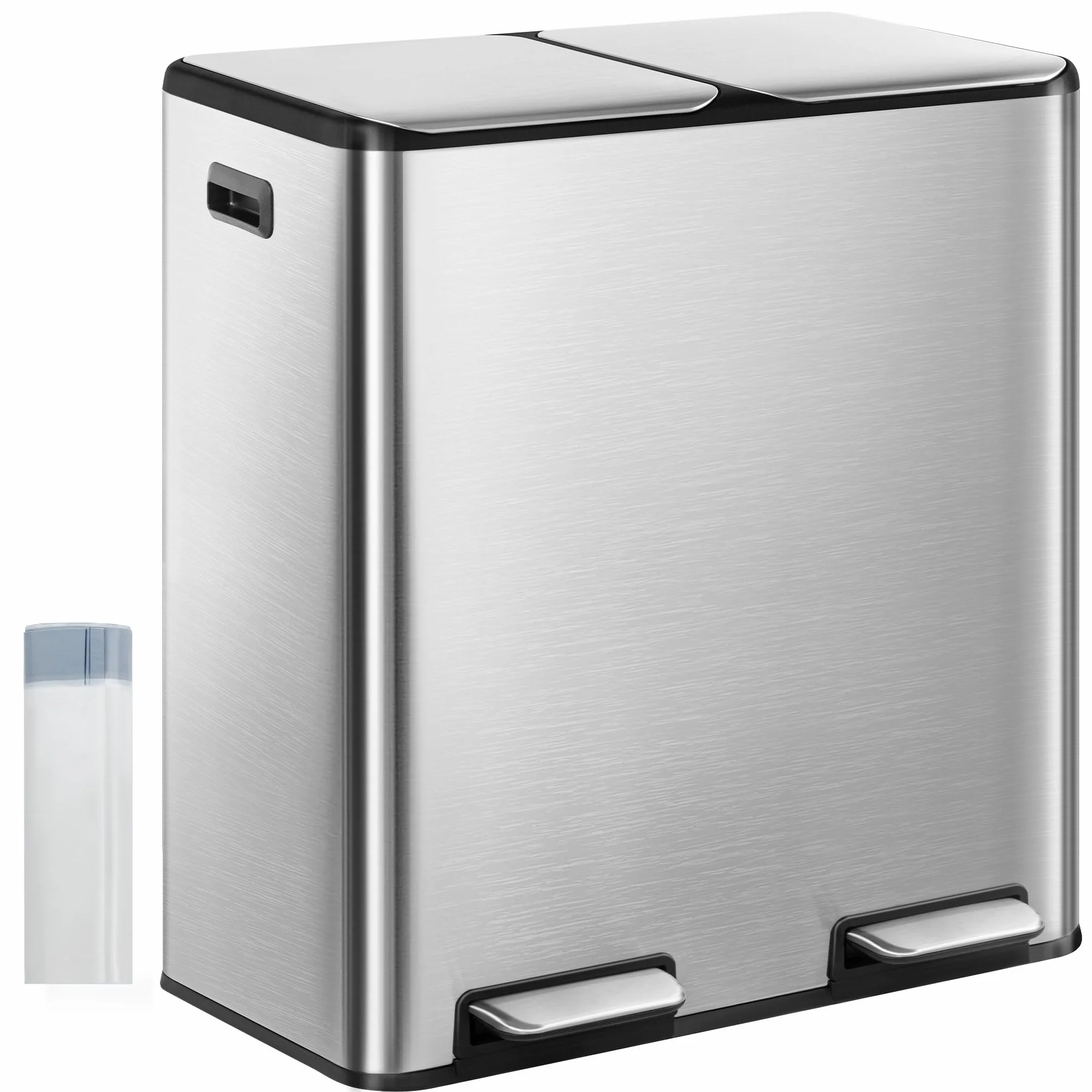 Hzuaneri Kosz na śmieci, system segregacji odpadów, 2 komory, 60 l (2 x 30 l), stal nierdzewna, kosz na śmieci z pedałem, cichy i wolno opadający, z 15 ekskluzywnymi workami na śmieci, srebrny