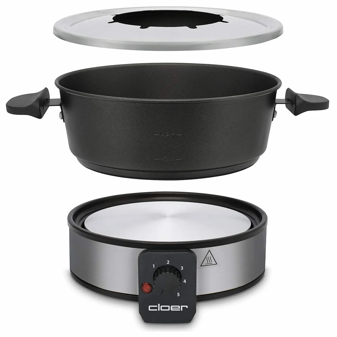 Cloer 6679 fondue dla 8 osób, powlekany garnek aluminiowy, łącznie z ochroną przed pryskaniem, 8 kolorowymi widelcami 1,5 litra, 1000 W, srebrny, czarny
